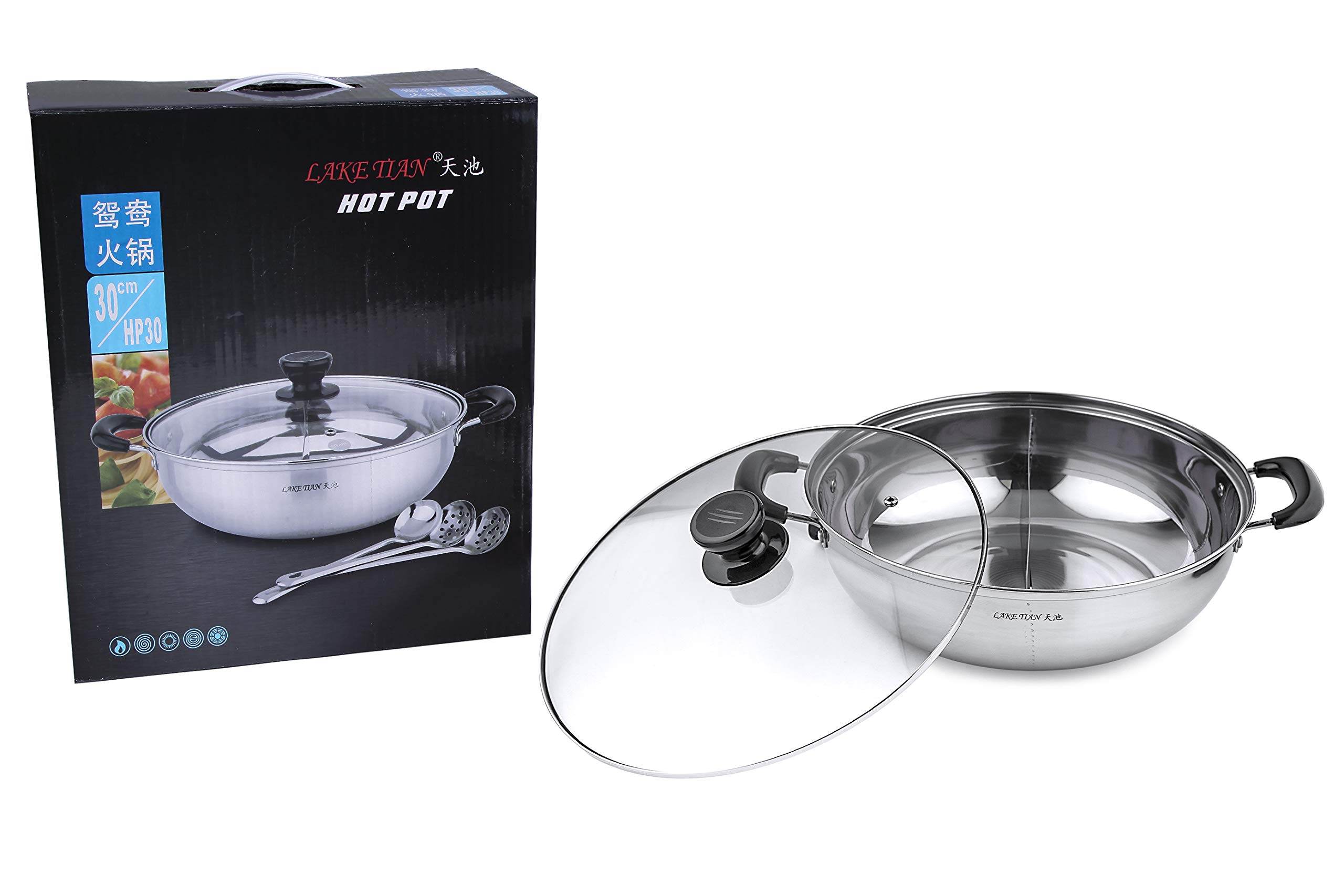 Premium Stainless Steel Shabu Shabu Hot Pot - 12 Inch (30 cm) Dual-Sided Yin Yang Pot with Divider & 3 Serving Spoons - Perfect for Asian Hot Pot, Fondue & Family Gatherings