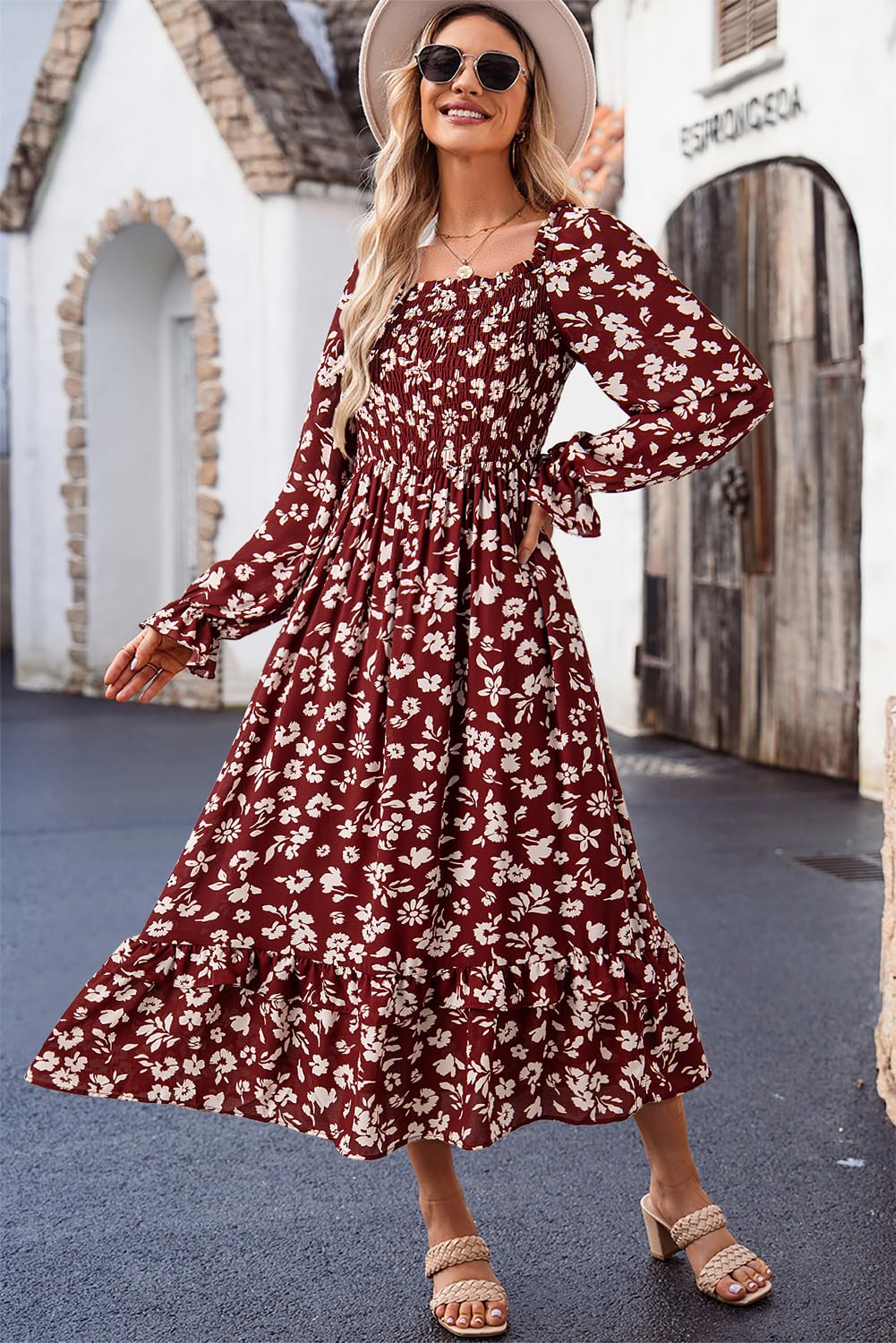 Dokotoo Women's Floral Maxi Dress - Casual Square Neck Long Sleeve Smocked Waist Tiered Ruffle Hem Spring Summer Dress | Perfect for Beach Vacation, Garden Party & Date Night Outfits