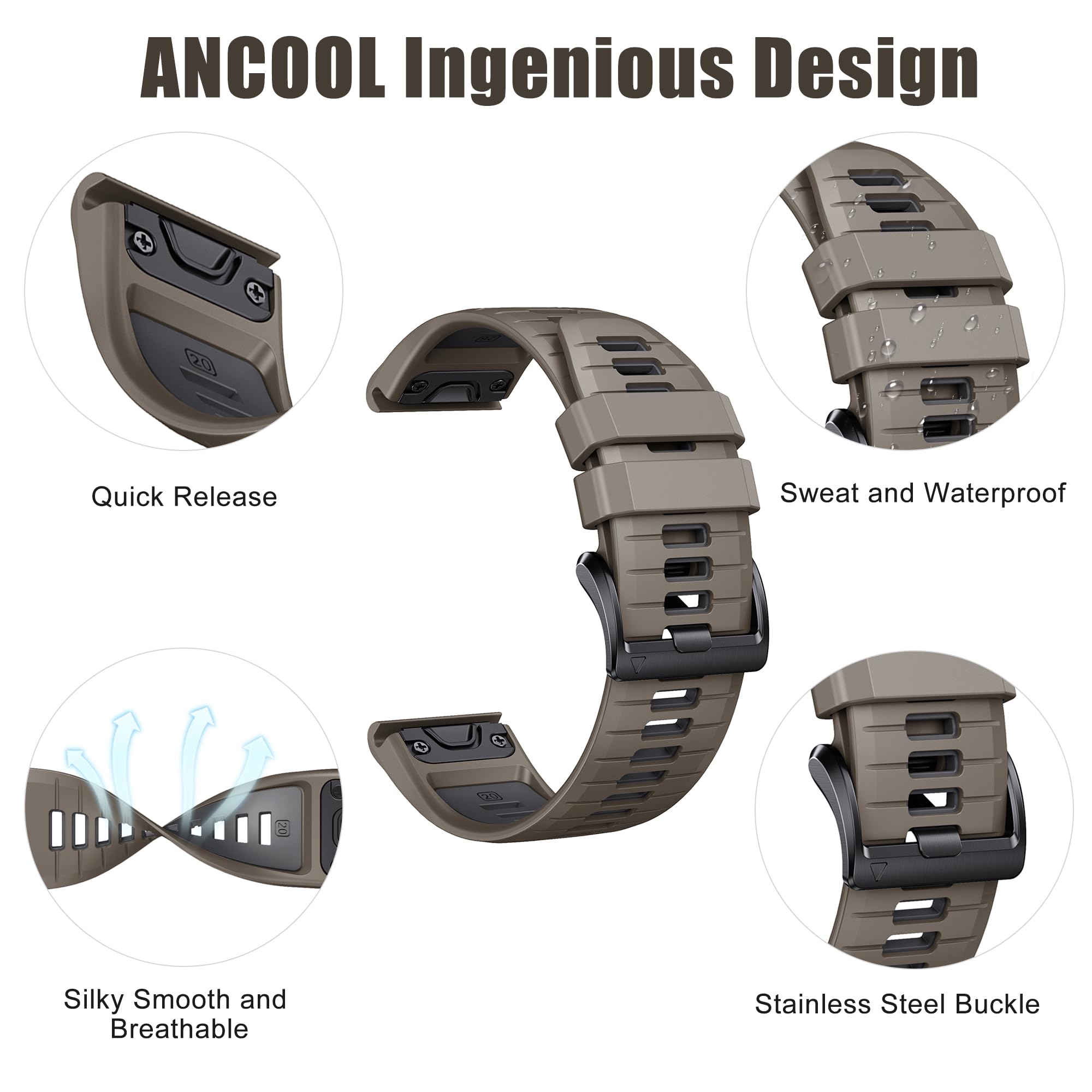 ANCOOL 20mm Silicone Replacement Watch Band Compatible with Garmin Fenix 5S/5S Plus/6S/6S Pro/7S/Instinct 2S - Durable Sport Wrist Strap for Running, Hiking & Outdoor Activities