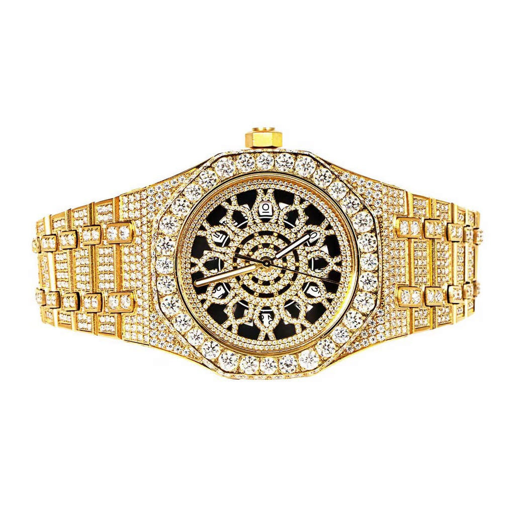 Luxury Yellow Tone Skeleton Dial Stainless Steel Moissanite Watch for Men - Perfect for Formal Events, Business Meetings & Special Occasions