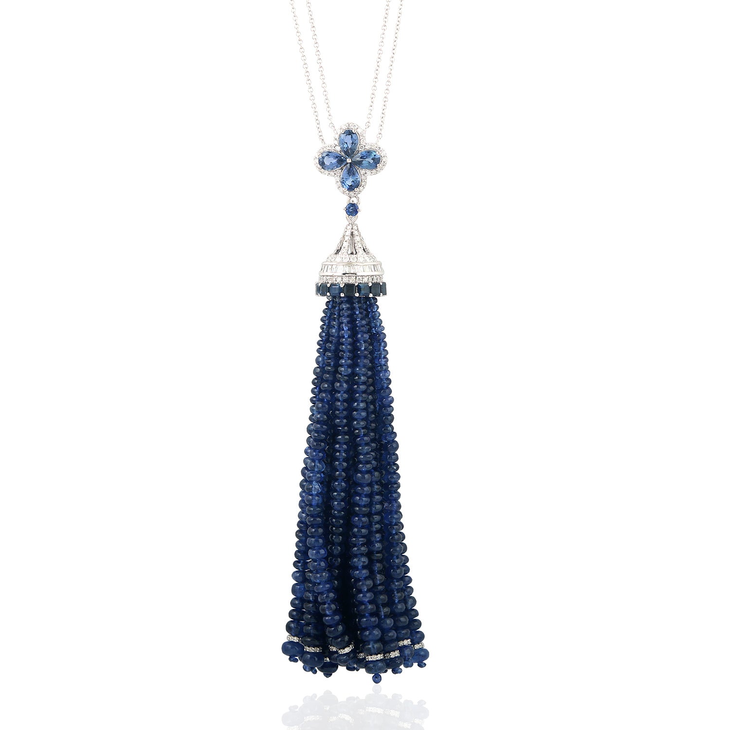 18K White Gold Tassel Lariat Necklace with Sapphire Beads & Diamonds | Elegant Women's Jewelry Gift for Birthday, Anniversary & Special Occasions