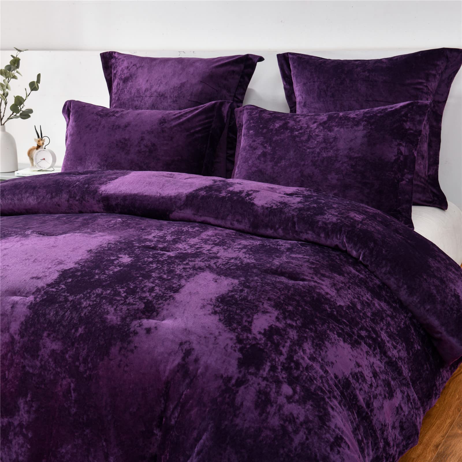 Sunshine Nicole Distressed Velvet Comforter Set - Soft Brushed Microfiber Reverse with Lightweight Poly Fill - 5 Piece King Size Bedding in Purple - Perfect for Master Bedrooms & Guest Rooms