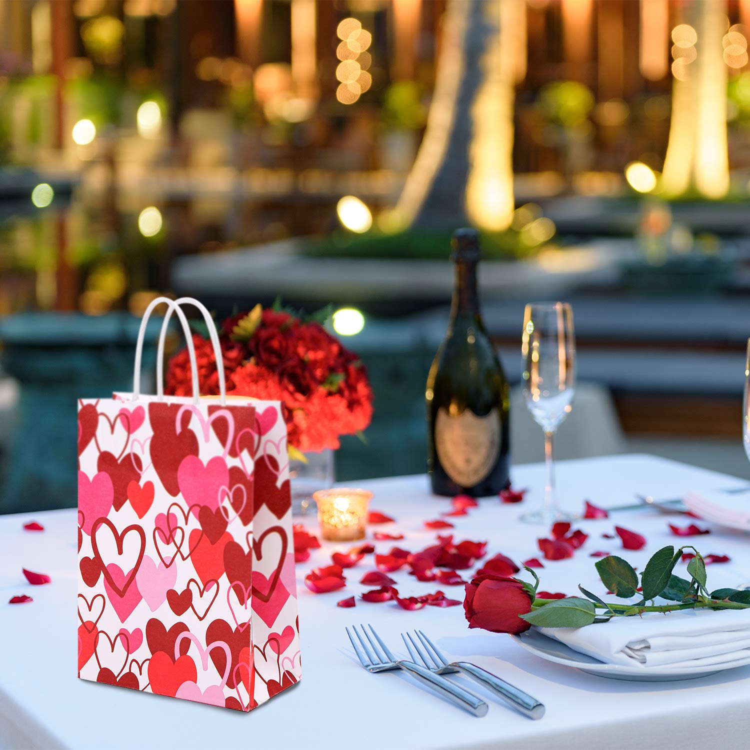 20-Piece Valentine's Day Kraft Paper Gift Bags with Handles - Red & Pink Heart Design for Party Favors, Classroom Treats & Romantic Gift Packaging