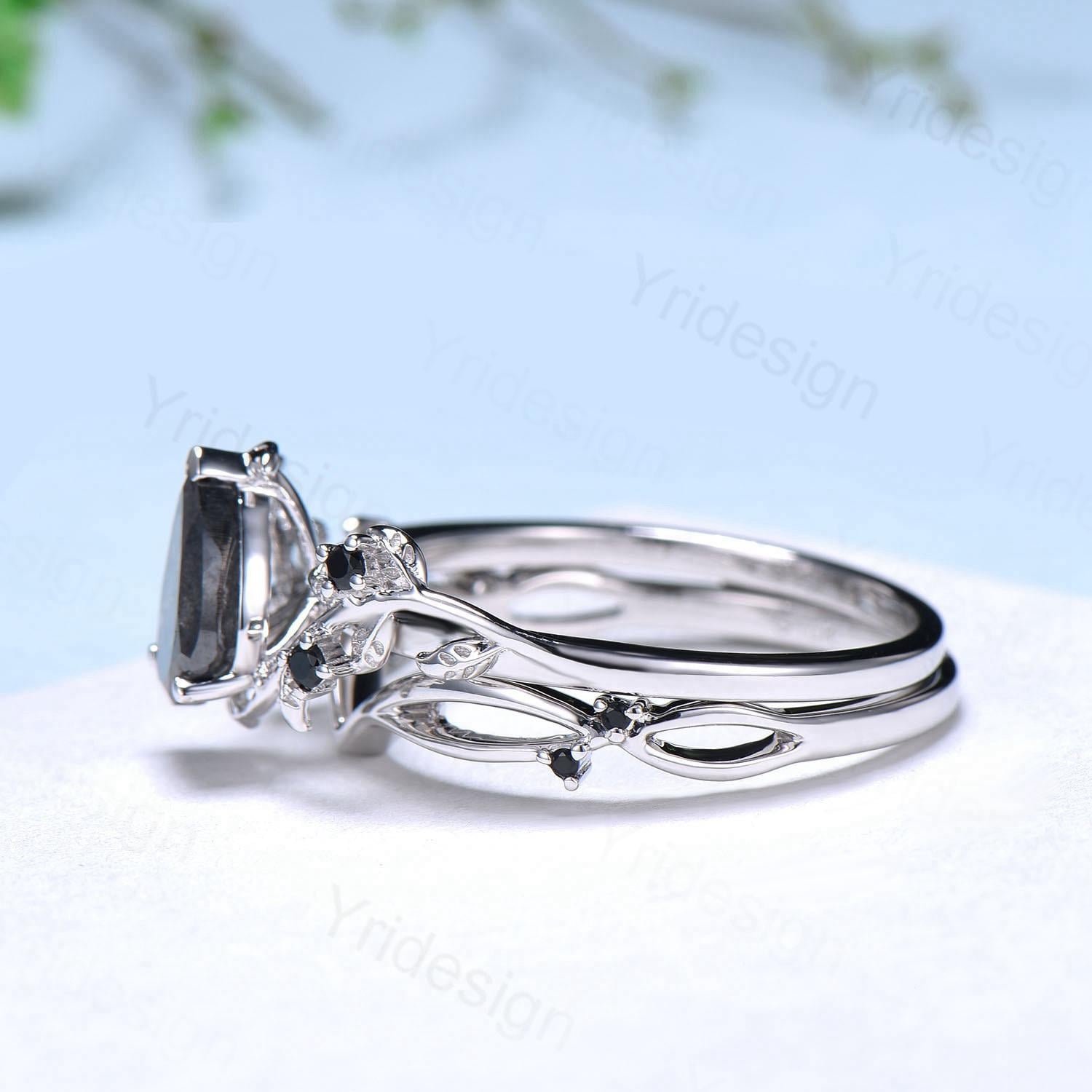 Vintage Pear-Shaped Salt and Pepper Diamond Engagement Ring - Nature-Inspired Twig Vine Bridal Set with Unique Leaf Design for Women | Perfect for Weddings, Anniversaries, and Romantic Proposals