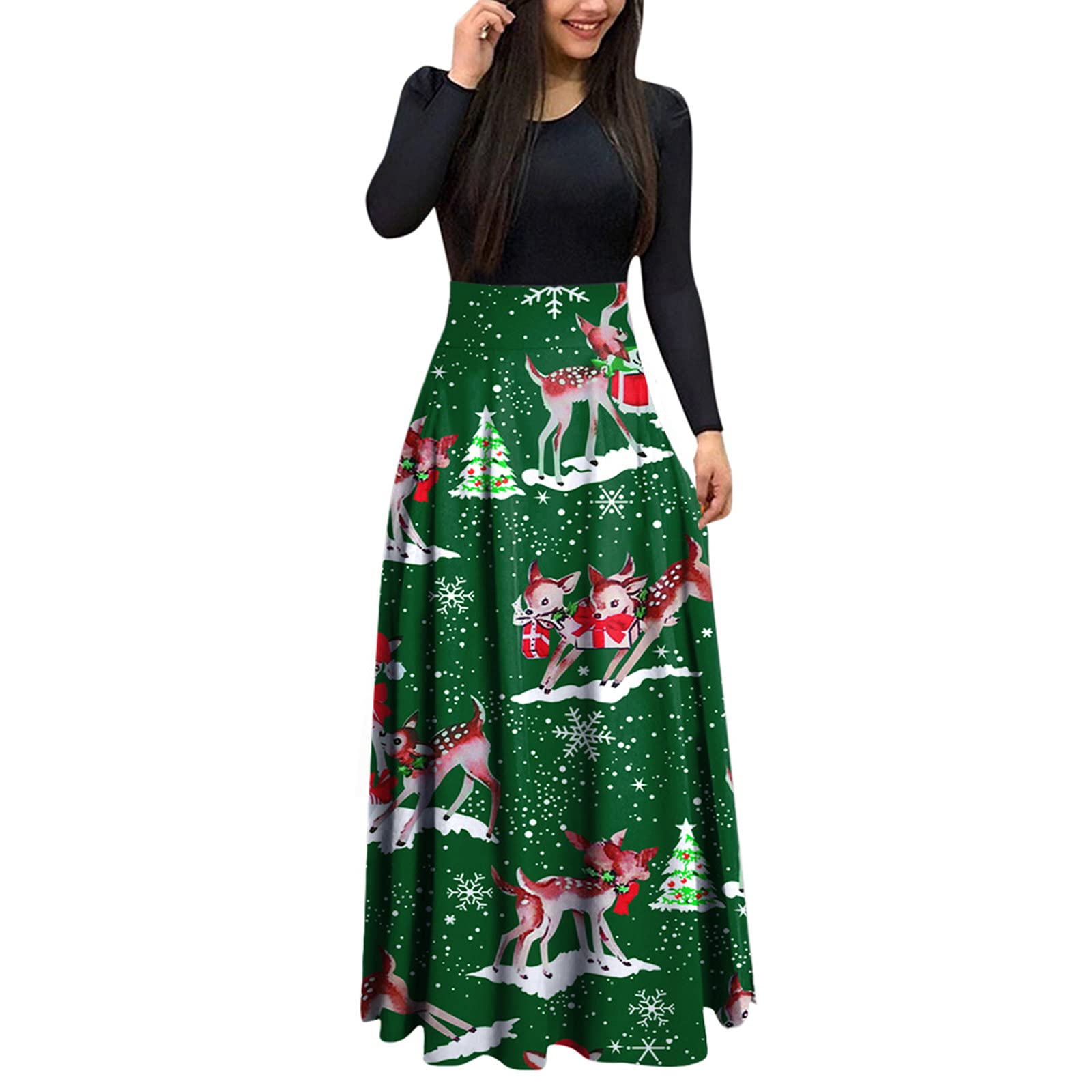 Vintage 1950s Christmas Party Dresses for Women - Floral Printed O-Neck Long Sleeve Retro Housewife Evening Gown, Prom & Holiday Sun Dress | Perfect for Christmas Parties, Cocktail Events, Vintage Themed Occasions and Holiday Gatherings