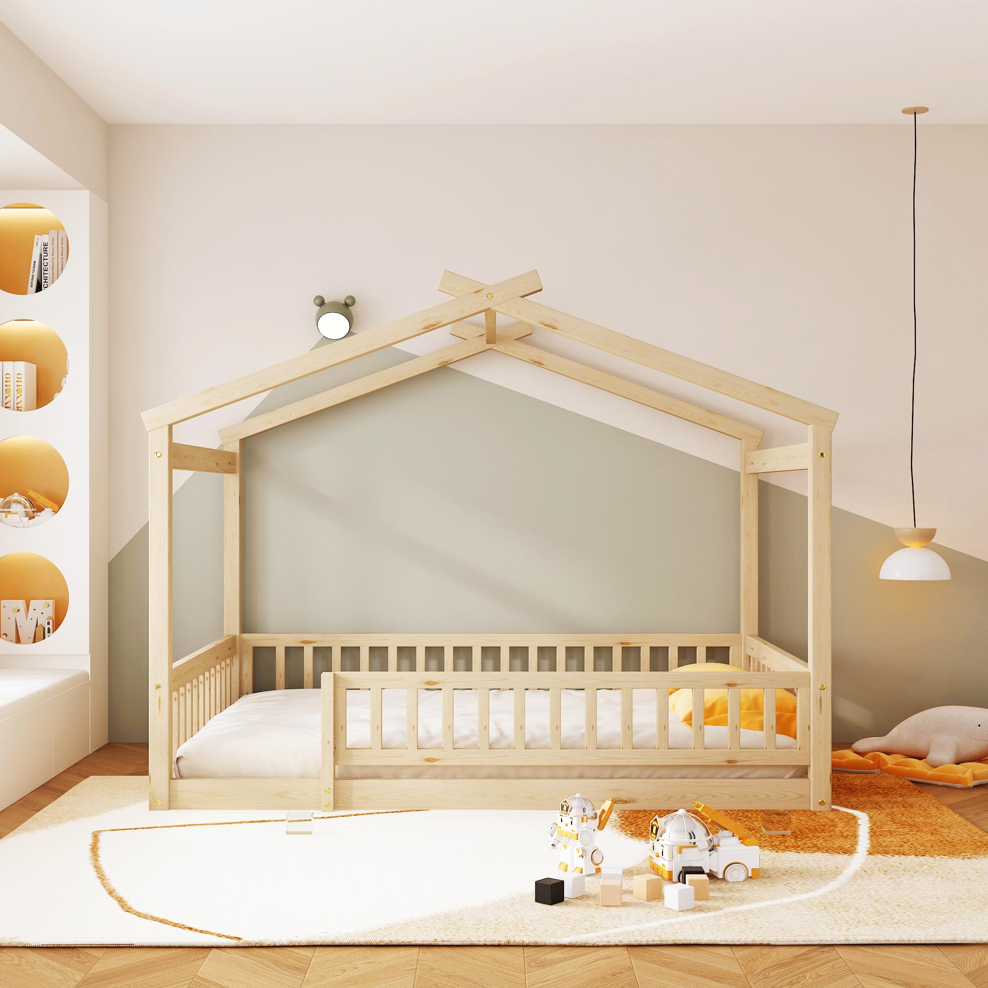 Montessori Floor Bed for Kids - Full Size Wood House Bed Frame with Safety Fence | Natural Wood Playhouse Bed | Toddler Floor Bed for Safe Sleep & Playtime Fun