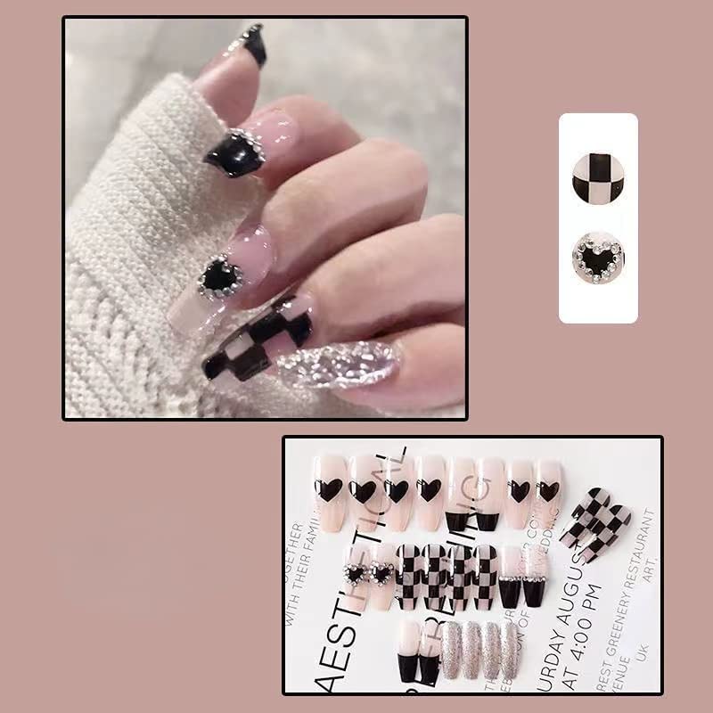 24pcs Coffin Press on Nails - Glossy Acrylic False Nails with Black Heart Chessboard Design for Women & Girls, Easy DIY Manicure at Home or Party