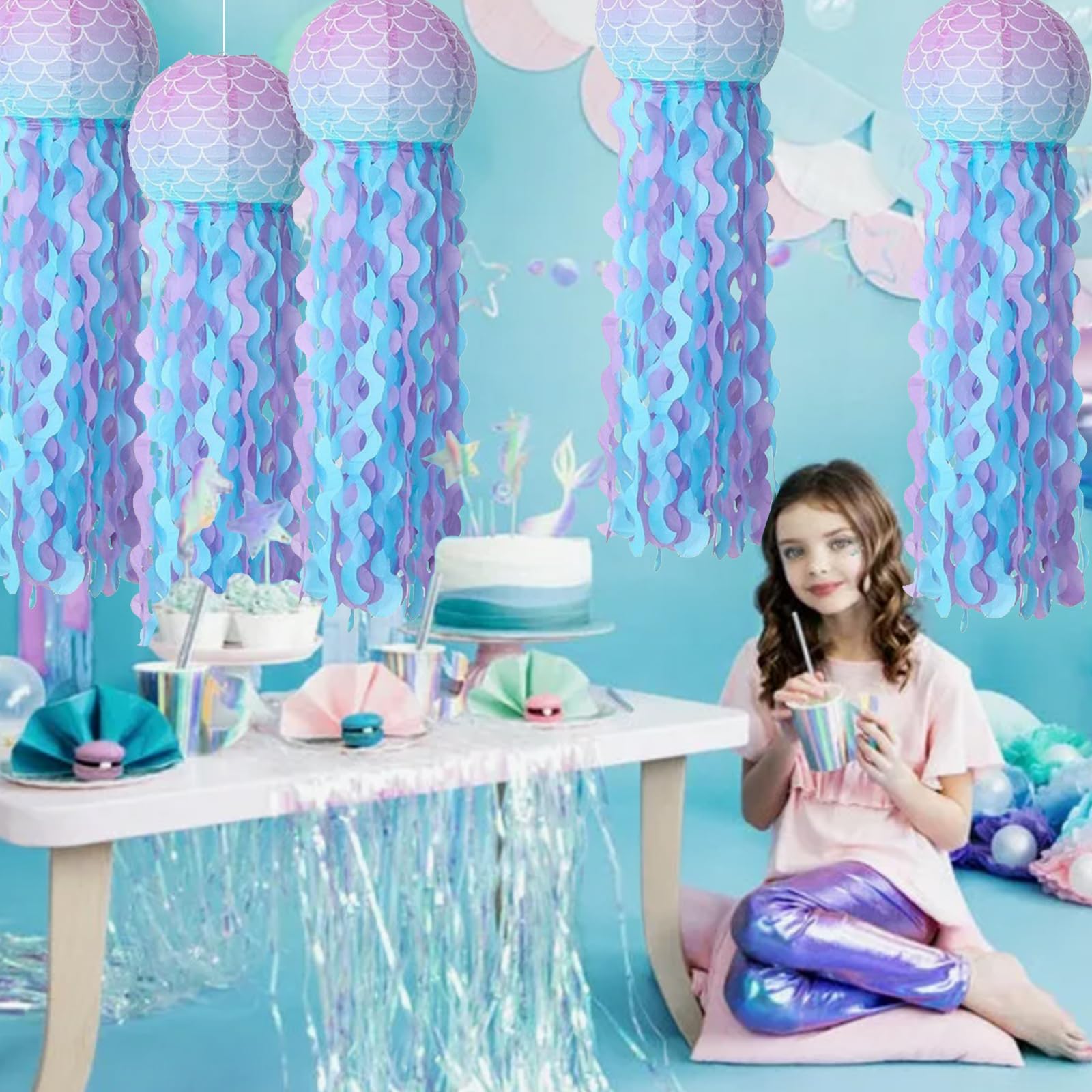 6 Pack Mermaid Jellyfish Paper Lanterns - Under The Sea Party Decorations for Mermaid Theme Birthday, Baby Shower & Ocean Themed Events - Hanging Sea Creature Lanterns for Indoor/Outdoor Decor