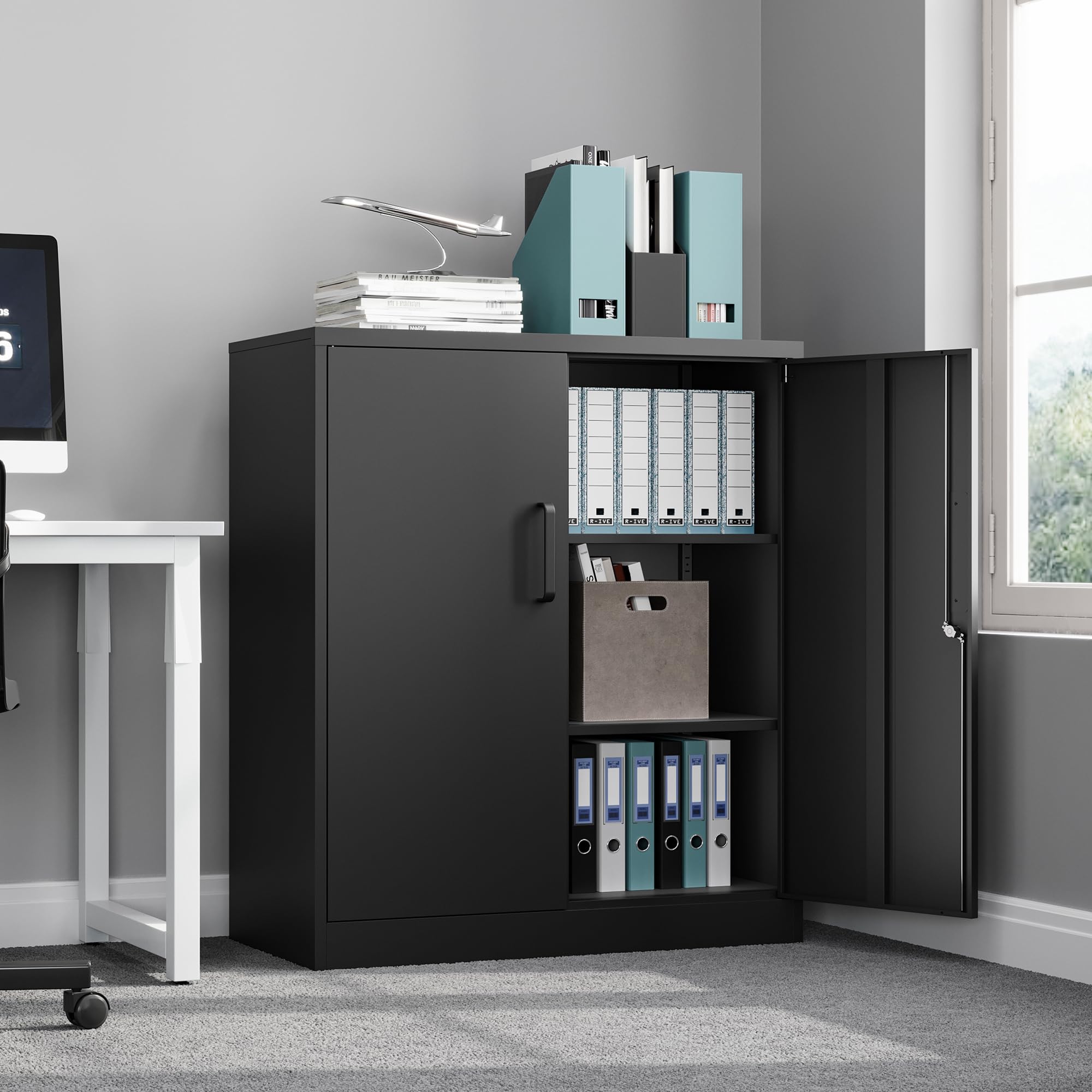 Lockable Metal Storage Cabinet with 2 Adjustable Shelves - Heavy Duty Steel Garage Cabinet with Doors, Large Capacity Organizer for Home, Office, Workshop & Garage Storage Solutions