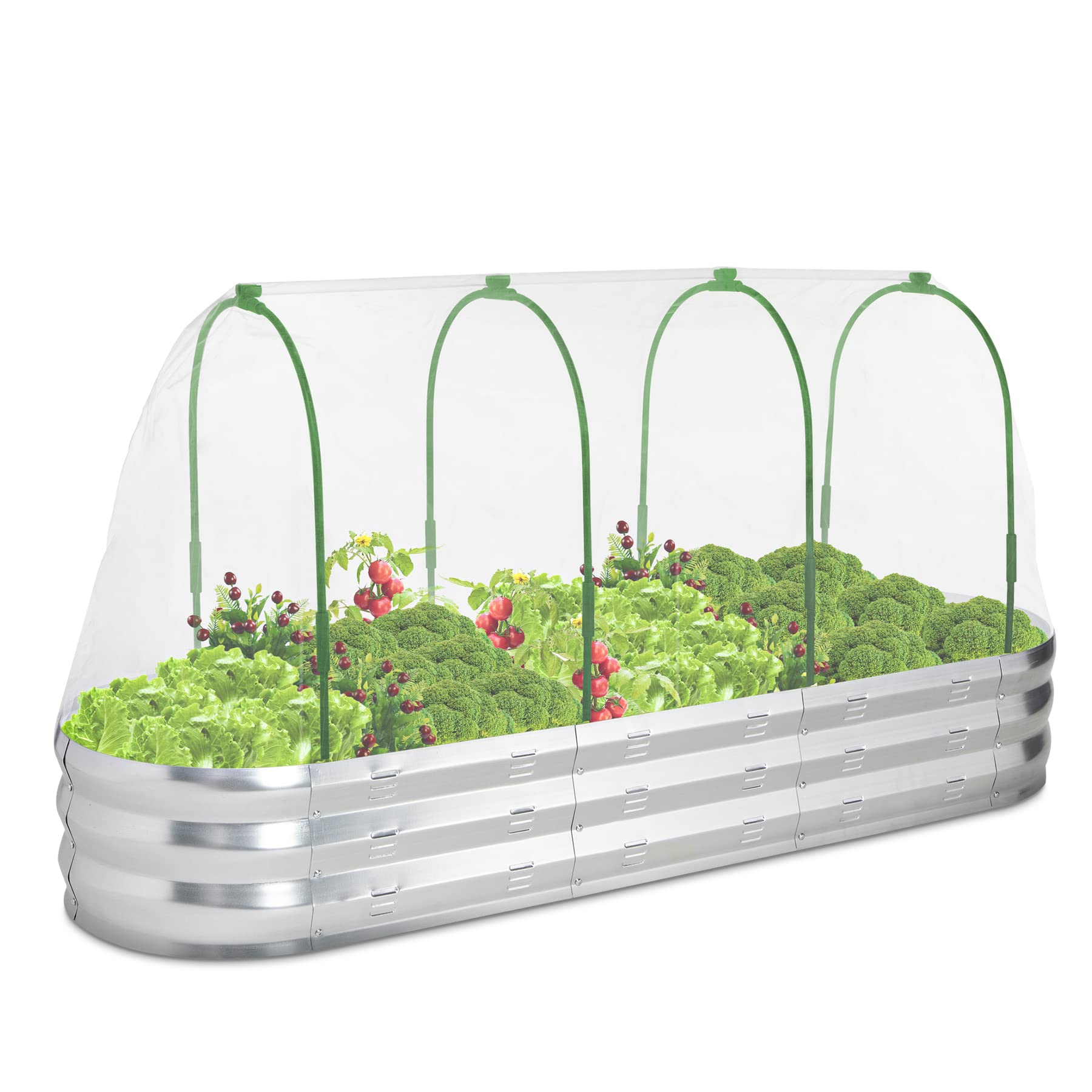 POTEY 4x8ft Raised Garden Bed with Greenhouse Cover - Galvanized Steel Planter Box for Vegetables, Fruits, Flowers & Herbs - Outdoor Gardening Kit for Backyard, Patio & Urban Farming