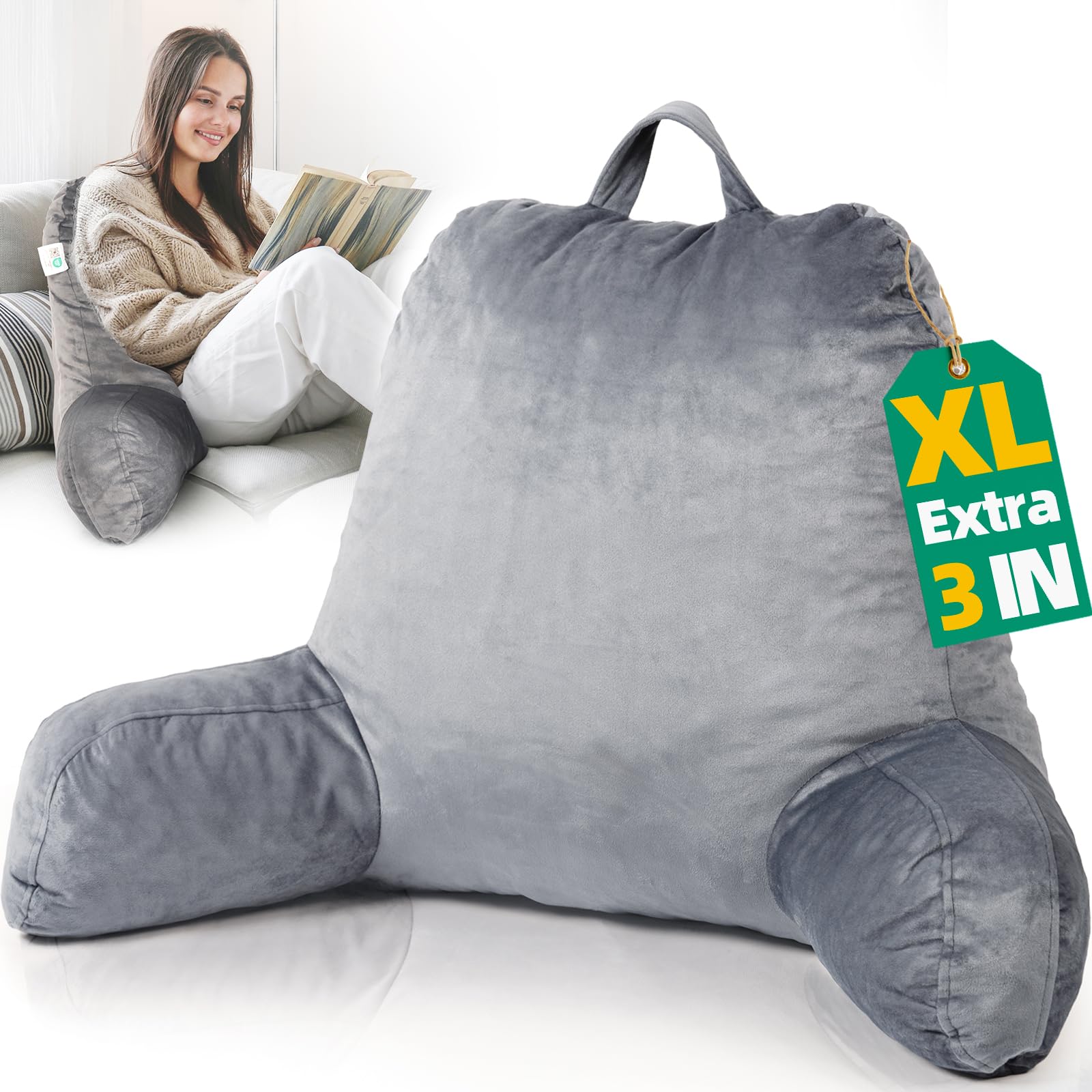 ROKDUK Reading Pillow for Adults - Shredded Memory Foam Backrest with Arms, Support Cushion for Sitting in Bed, Sofa or Floor - Perfect for Reading, Watching TV, Gaming and Relaxing