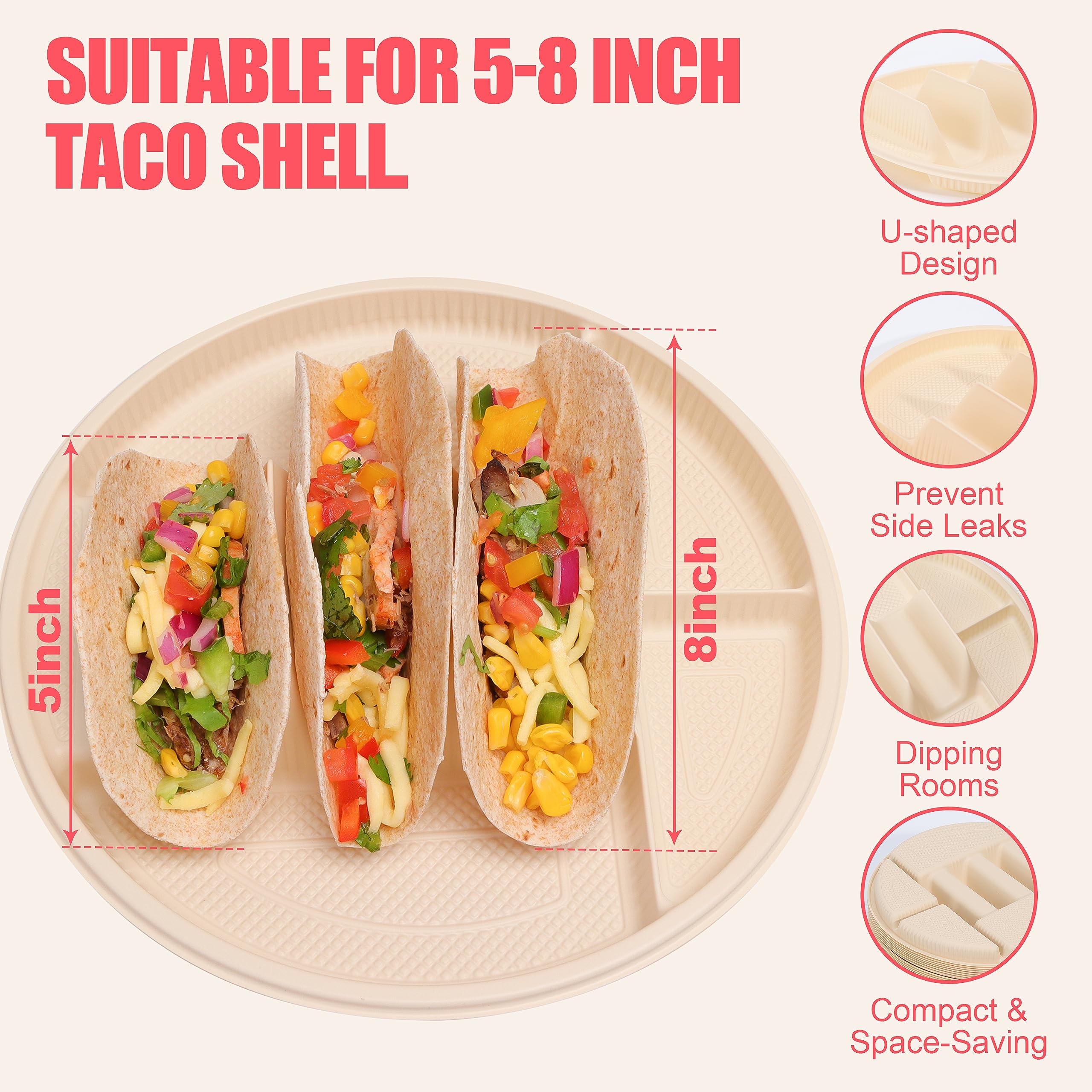 60 Pack Biodegradable Cornstarch Taco Plates with Dipping Compartments - Eco-Friendly Disposable Taco Holders for Parties, Fits 6-8 Inch Tortillas, Microwave Safe - Perfect for Taco Tuesday, Cinco de Mayo & Mexican-Themed Parties