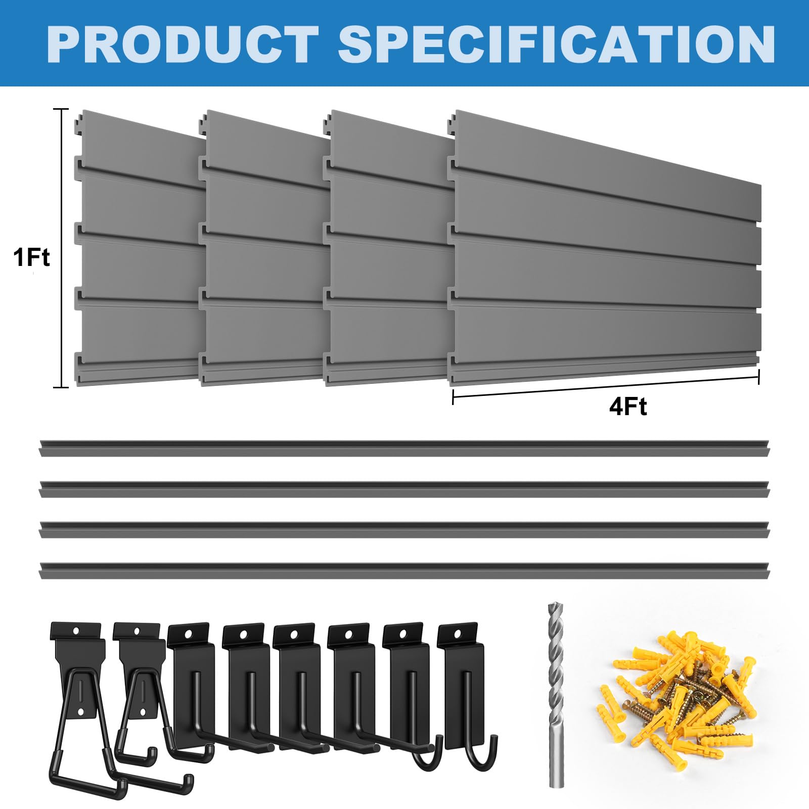 Duzzy 4' x 4' PVC Slatwall Panels - Garage Wall Storage Organizer System with Hooks & Hangers (Grey) - Perfect for Garage Organization, Retail Displays & Workshop Storage Solutions