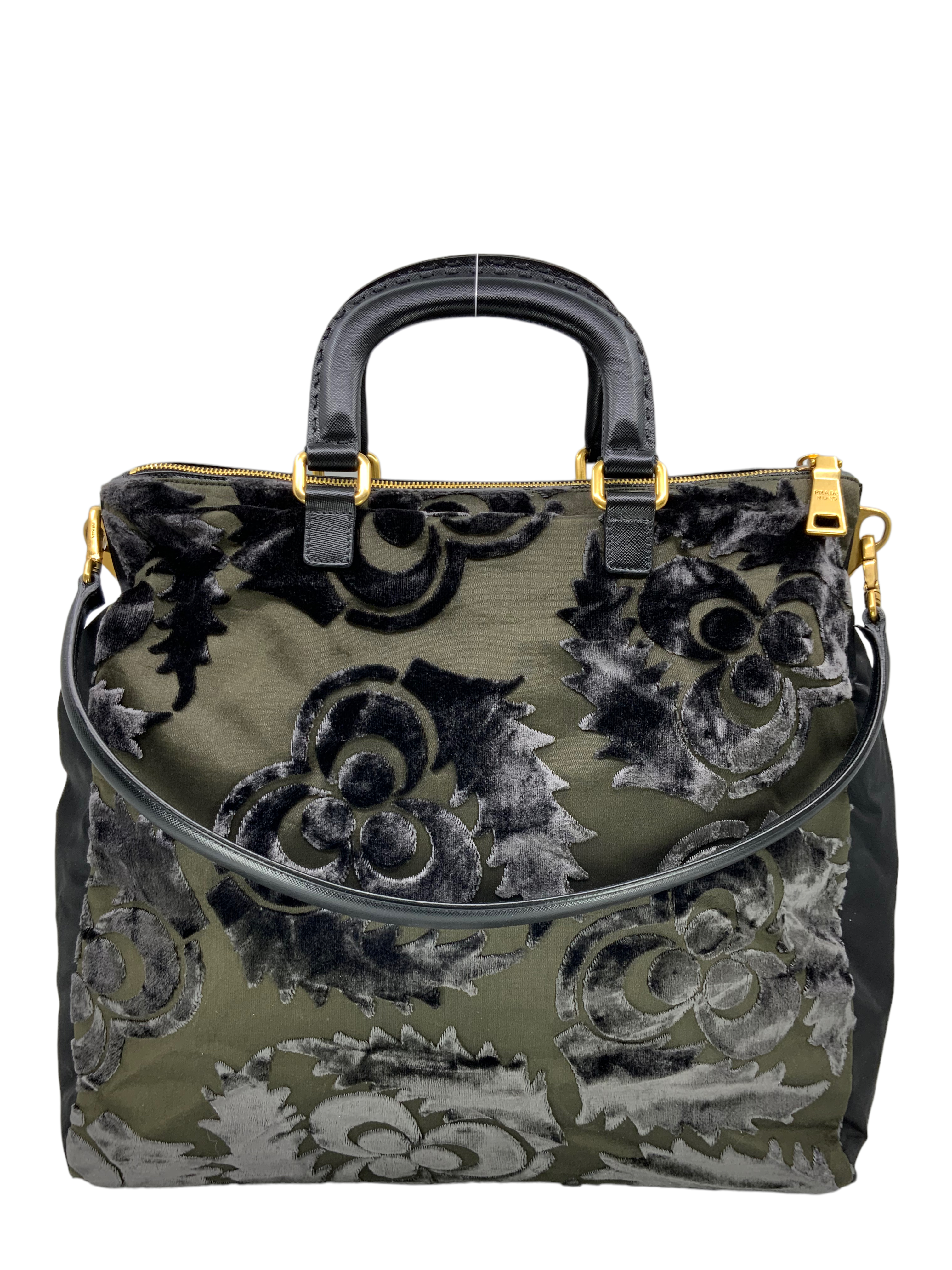 PRADA Nylon & Velvet Velluto Jacquard Tote Bag for Women - Luxury Designer Handbag for Work, Travel & Everyday Use