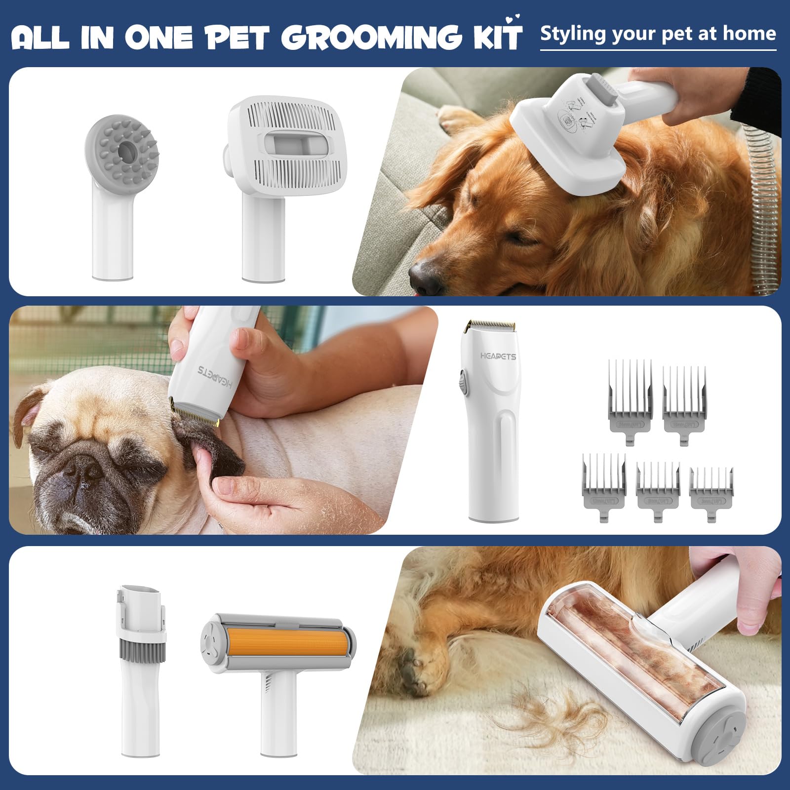 Dog Grooming Vacuum Kit - 3L Pet Hair Vacuum with 7 Attachments, Low Noise Electric Clipper & Brush for Home Pet Grooming & Shedding Control, Black - Perfect for Dogs, Cats & Small Animals at Home