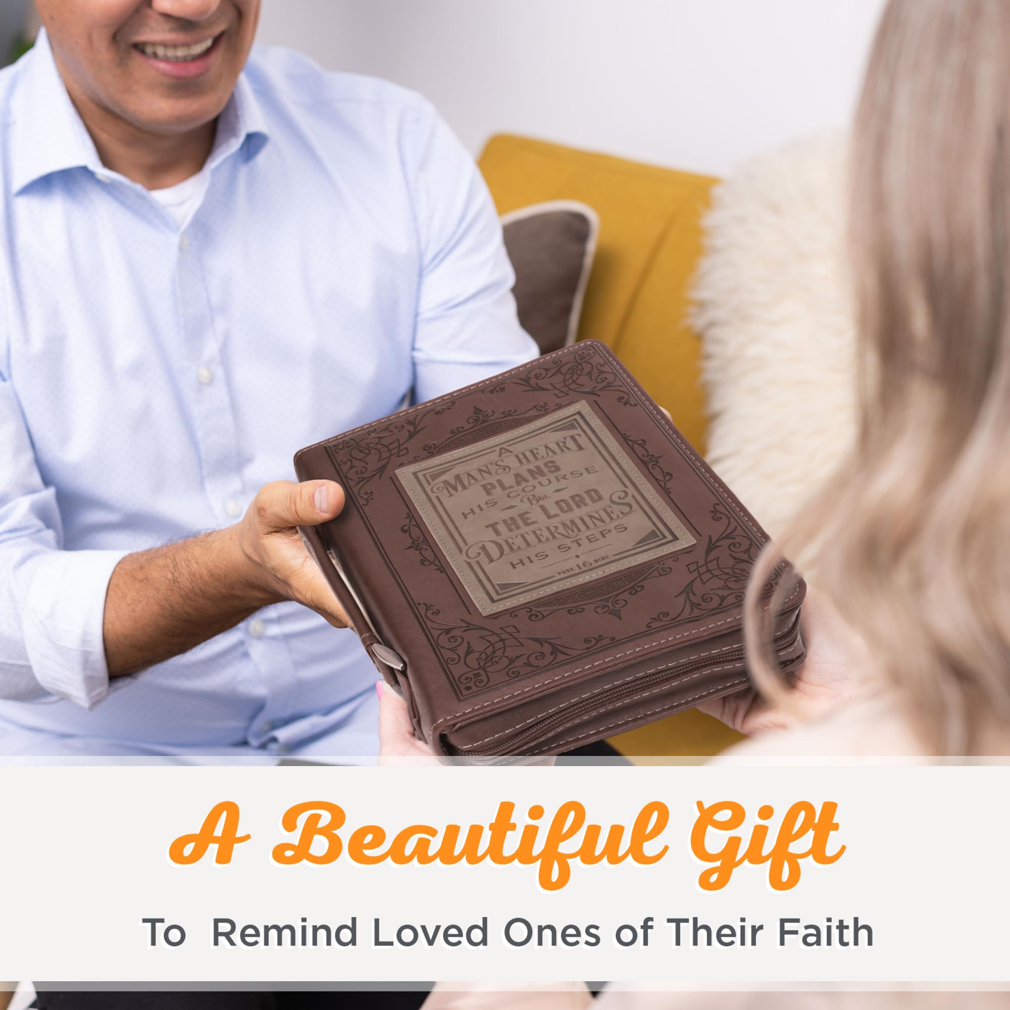 Christian Art Gifts Brown Faux Leather Bible Cover with Proverbs 16:9 Engraving - XL Size Scripture Book Protector for Men & Women - Perfect for Church, Bible Study & Daily Devotion