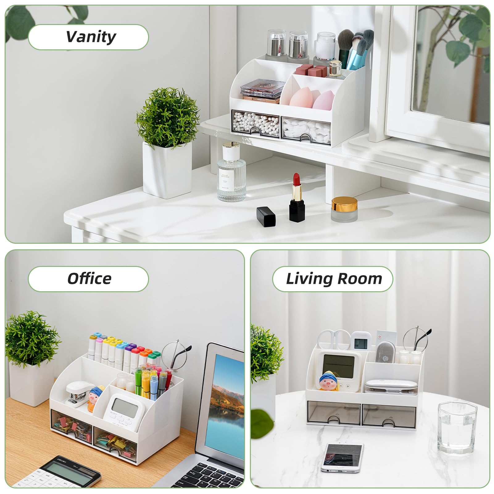 VITVITI 5-Slot Toothbrush Holder with Drawers - Bathroom Countertop Organizer for Toothpaste, Makeup & Vanity - White Plastic Sink Organizer for Home, Office & Travel Use
