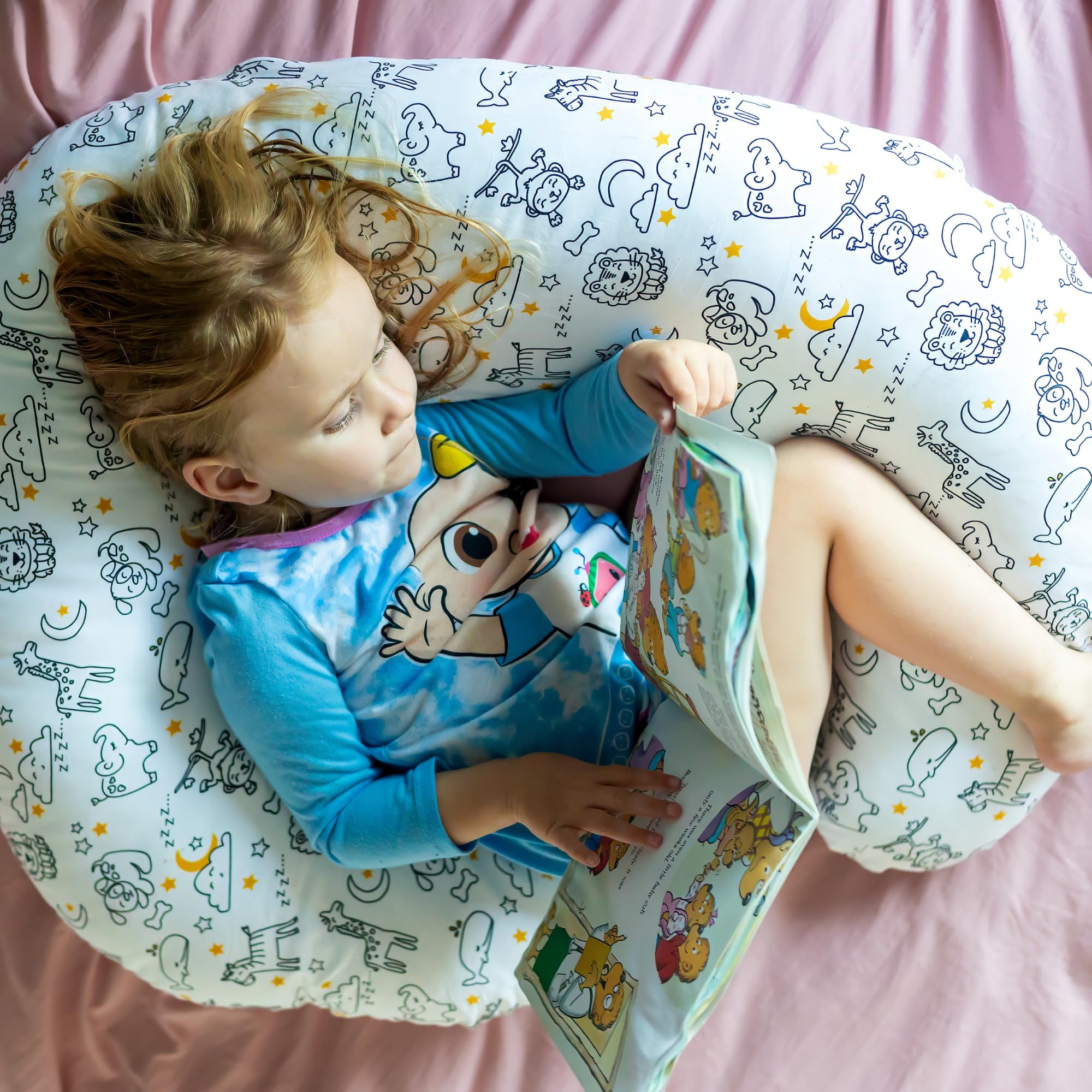 100% Organic Cotton Toddler Body Pillow - Hypoallergenic Kids Sleeping Pillow for Boys & Girls | Machine Washable Cover | Perfect for Nap Time, Travel & Cuddling (White/Safari)