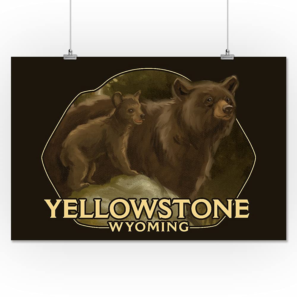 Lantern Press 16x24 Inch Giclee Art Print - Yellowstone National Park Wyoming Landscape with Black Bears Contour - Perfect for Home Decor, Office Wall Art & Nature Lover Gifts