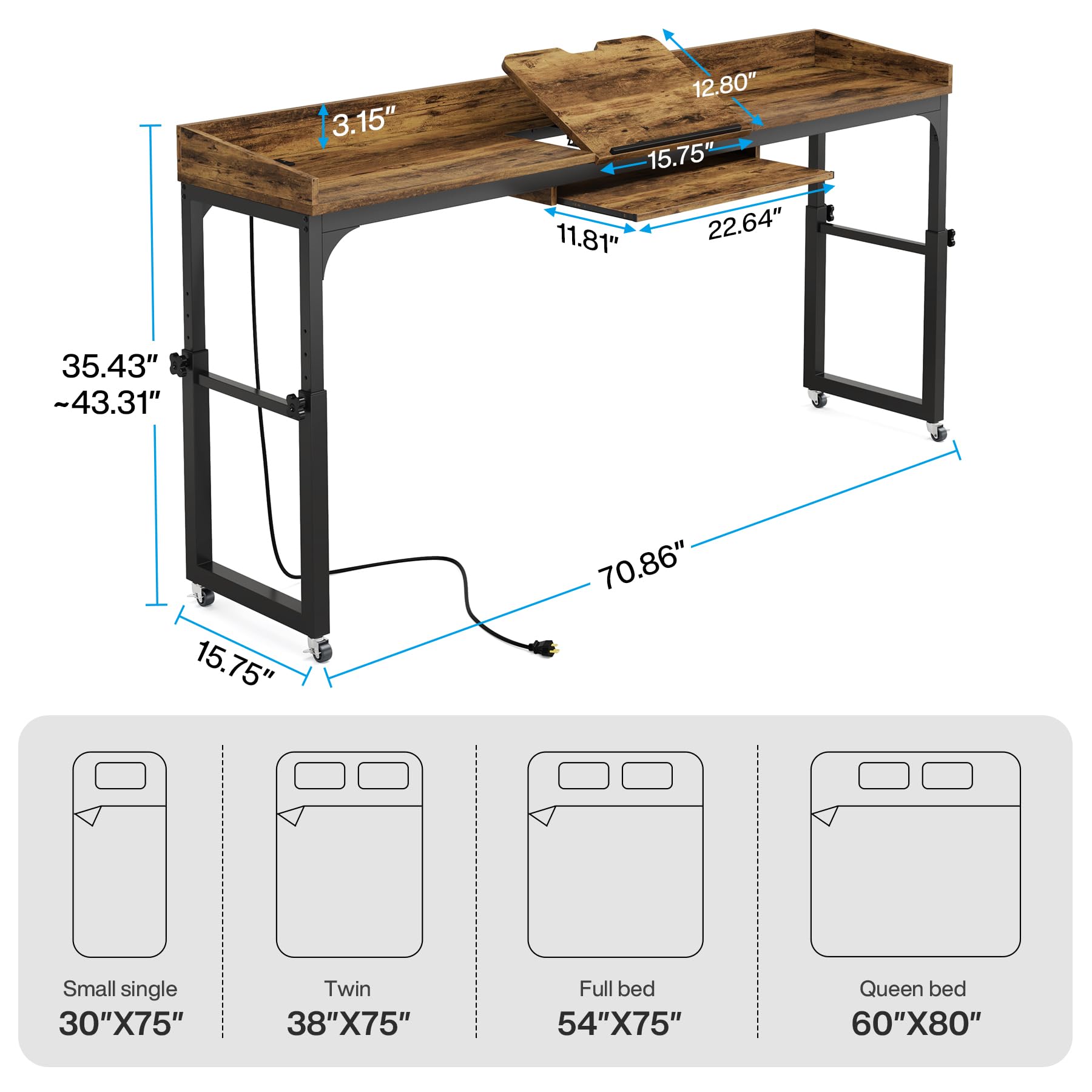 Tribesigns Adjustable Overbed Table with Wheels - Queen Size Mobile Laptop Desk with Tilt Stand, USB Ports & Power Outlets - Perfect for Hospital Beds, Home Office & Bedroom Workspace (Rustic Brown)
