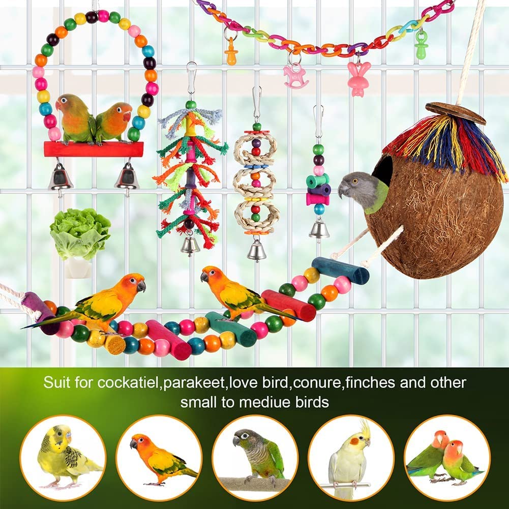 17 Pcs Bird Toys Set - Parakeet Swing, Chewing Hanging Toys & Climbing Ladder for Cockatiels, Conures, Finches, Budgies - Perfect for Bird Cage Enrichment and Playtime Activities