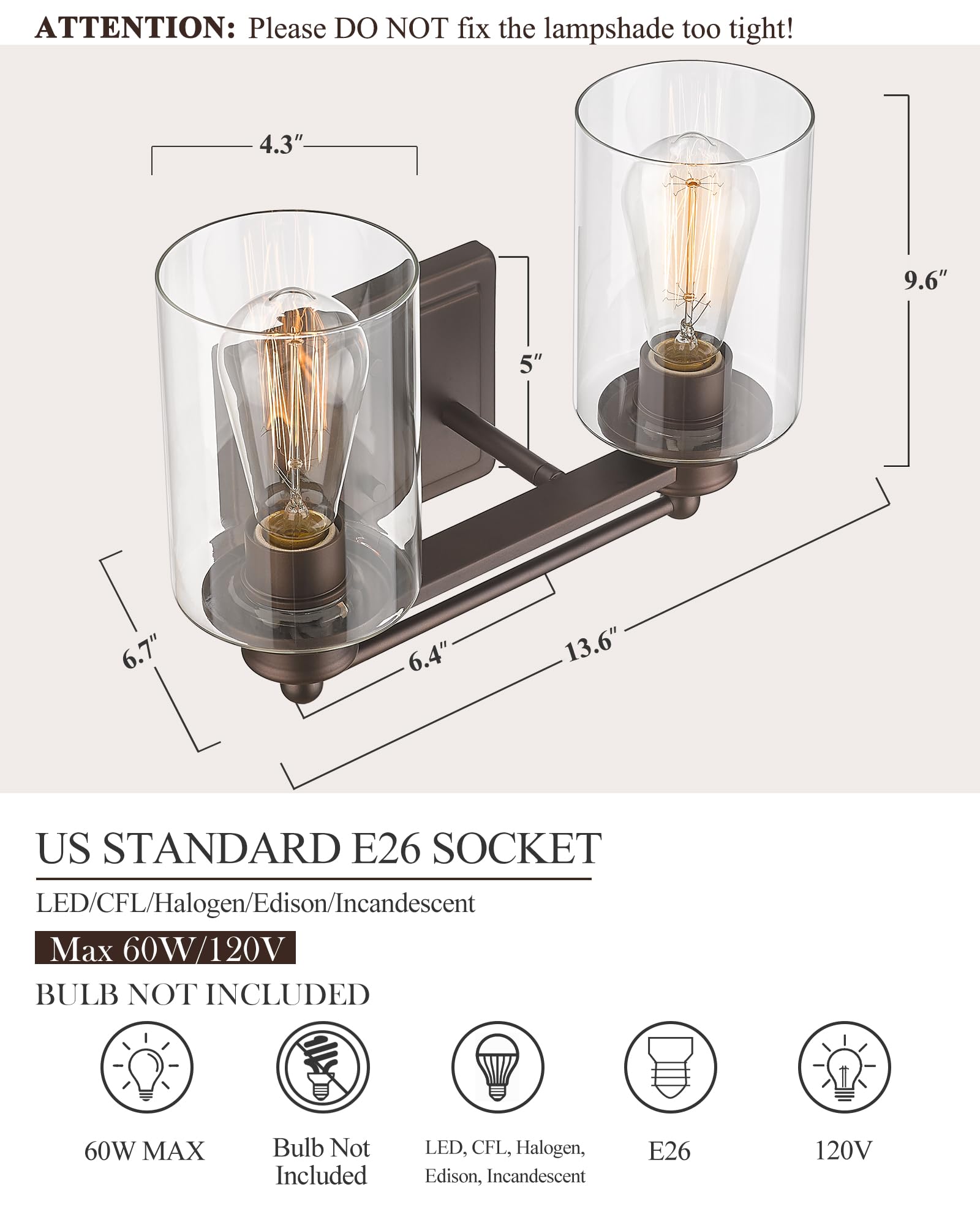 HWH Farmhouse 2-Light Bathroom Vanity Wall Sconce with Oil-Rubbed Bronze Finish - Perfect for Mirror Lighting, Dressing Table & Powder Room Decor (Model: 5HLT63B-2W ORB) | Elegant Wall Lighting for Modern and Rustic Bathrooms
