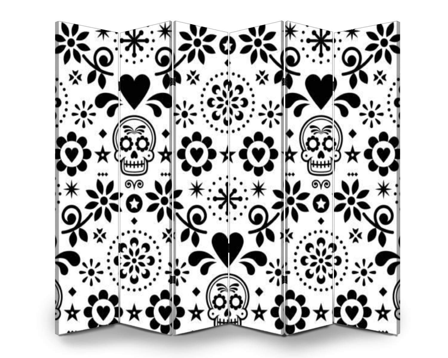 6-Panel Folding Room Divider Screen - Mexican Sugar Skull Folk Art Design - Freestanding Privacy Partition for Indoor/Outdoor Use - Perfect for Home Office, Bedroom Separation, and Event Decor