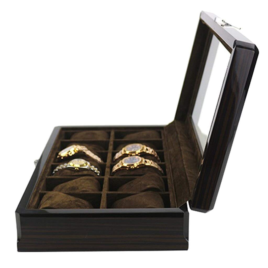 12-Slot Wooden Watch Box with Glass Top & Lock - Premium Watch Storage Organizer for Men's Watches - Perfect for Travel, Gift & Jewelry Display
