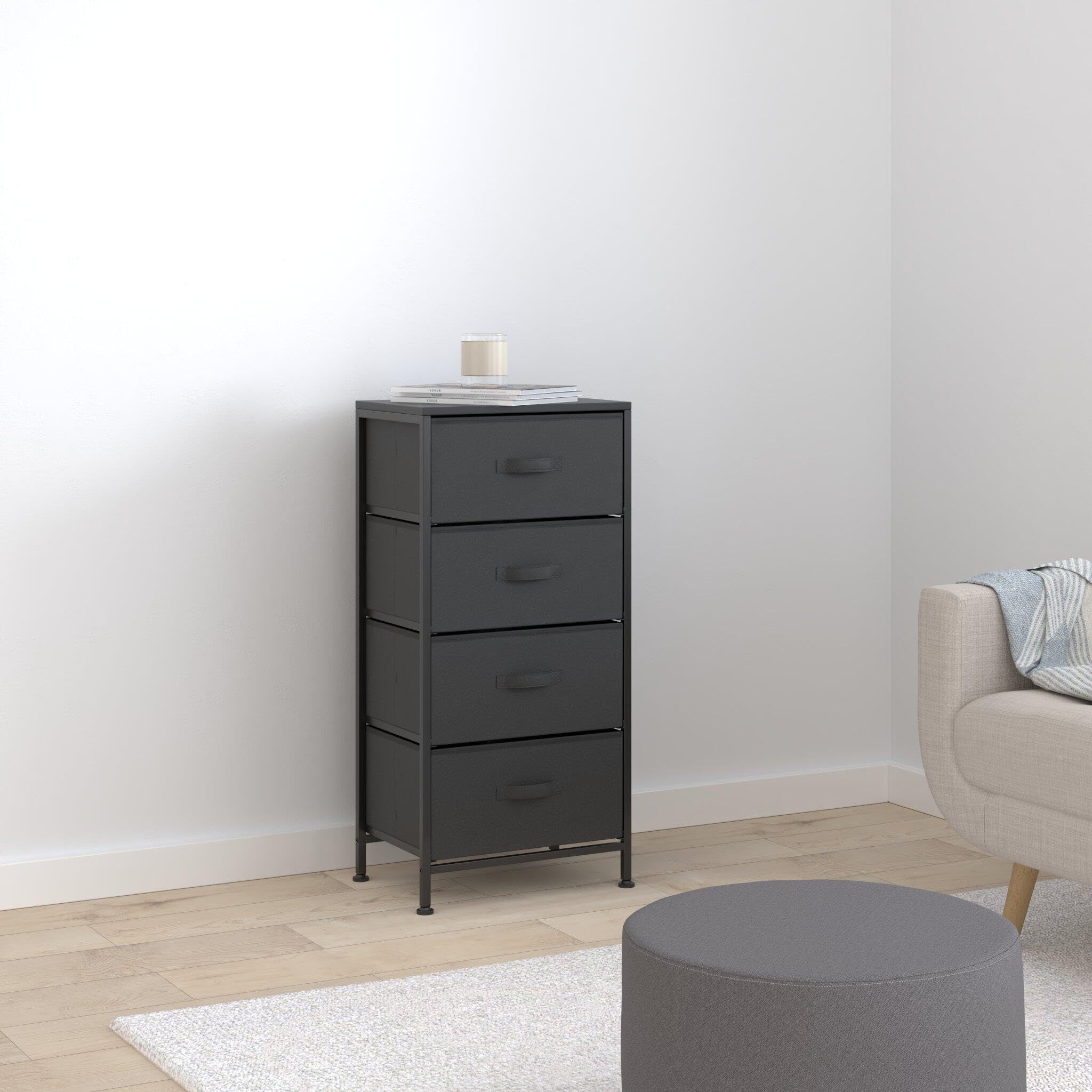 LINSY HOME 4-Drawer Black Dresser for Bedroom - Sturdy Wood Top & Steel Frame Chest of Drawers - Perfect for Closet Organization, Living Room Storage, Hallway & Entryway Decor