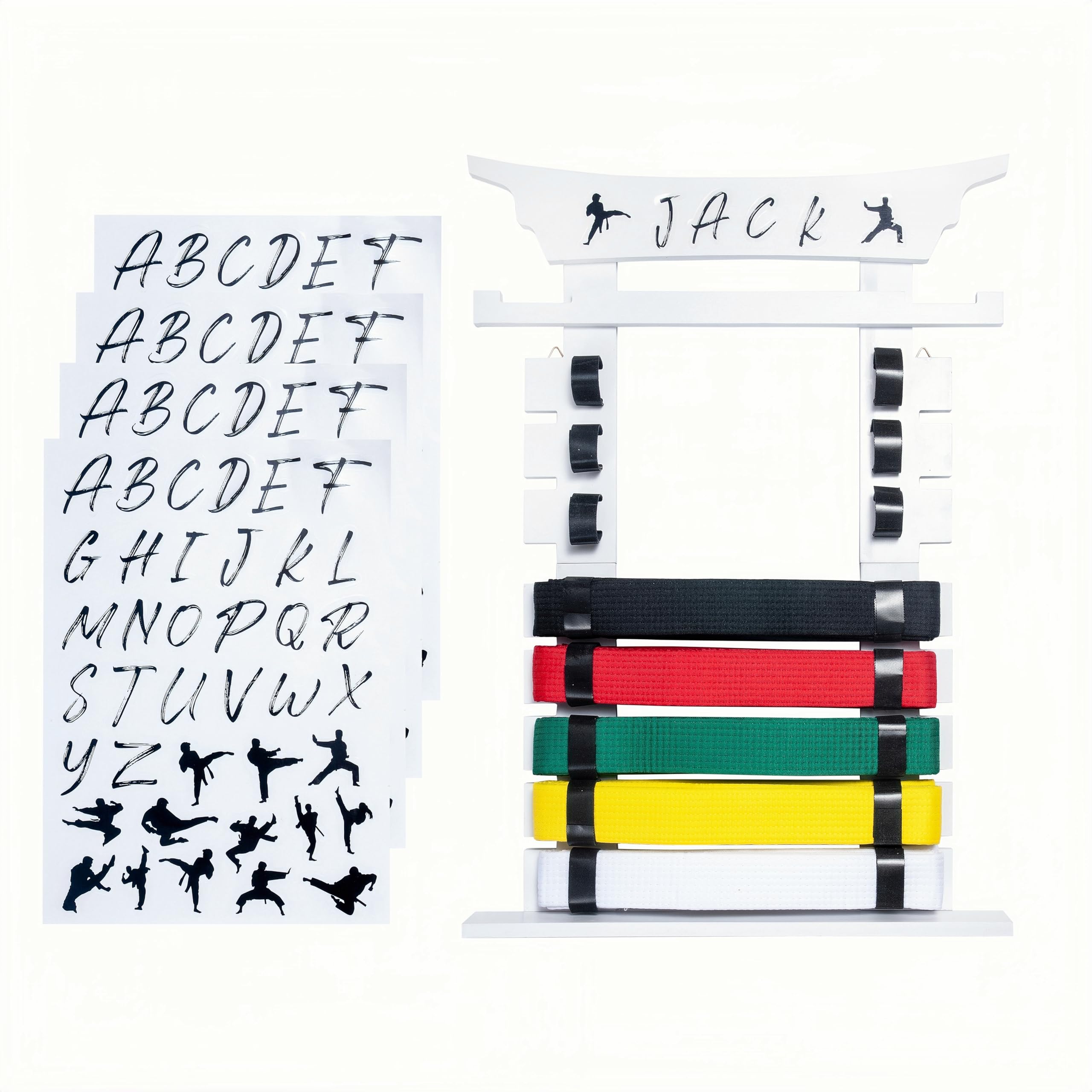 Black Wall Mounted Karate Belt Display Rack with Medal Hanger & Stickers - 8 Belt Taekwondo Holder for Kids & Adults - Perfect for Dojo, Gym & Home Martial Arts Decor