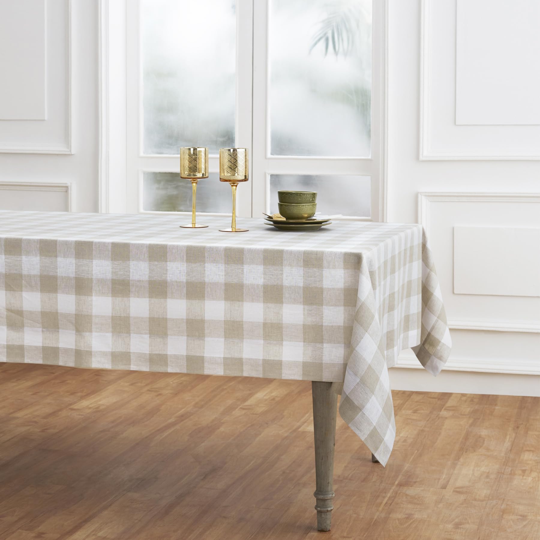 Solino Home 100% Pure Linen Buffalo Check Tablecloth 60x90 Inches - Natural & White Plaid Rectangle Table Cover for Dining Room, Kitchen, Party - Washable Checkered Table Linen for Spring, Easter, Mother's Day, Thanksgiving & Holiday Decor