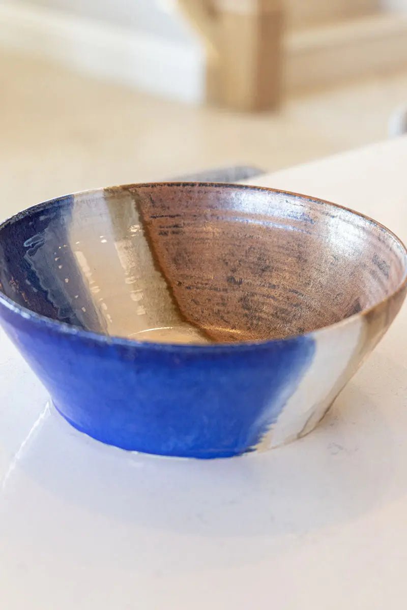 XL Decorative Serving Bowl - Handcrafted Copper Finish with Blue & Cream Accents - Perfect for Entertaining, Dining, and Home Decor