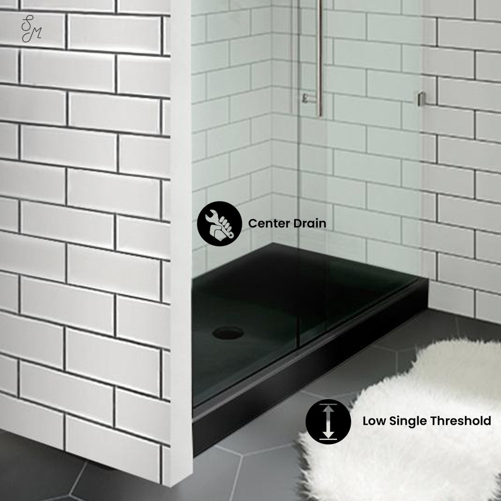 Voltaire 48 x 36 Inch Acrylic Shower Base with Center Drain - Single Threshold, Black - Perfect for Modern Bathroom Renovations and Space-Saving Designs