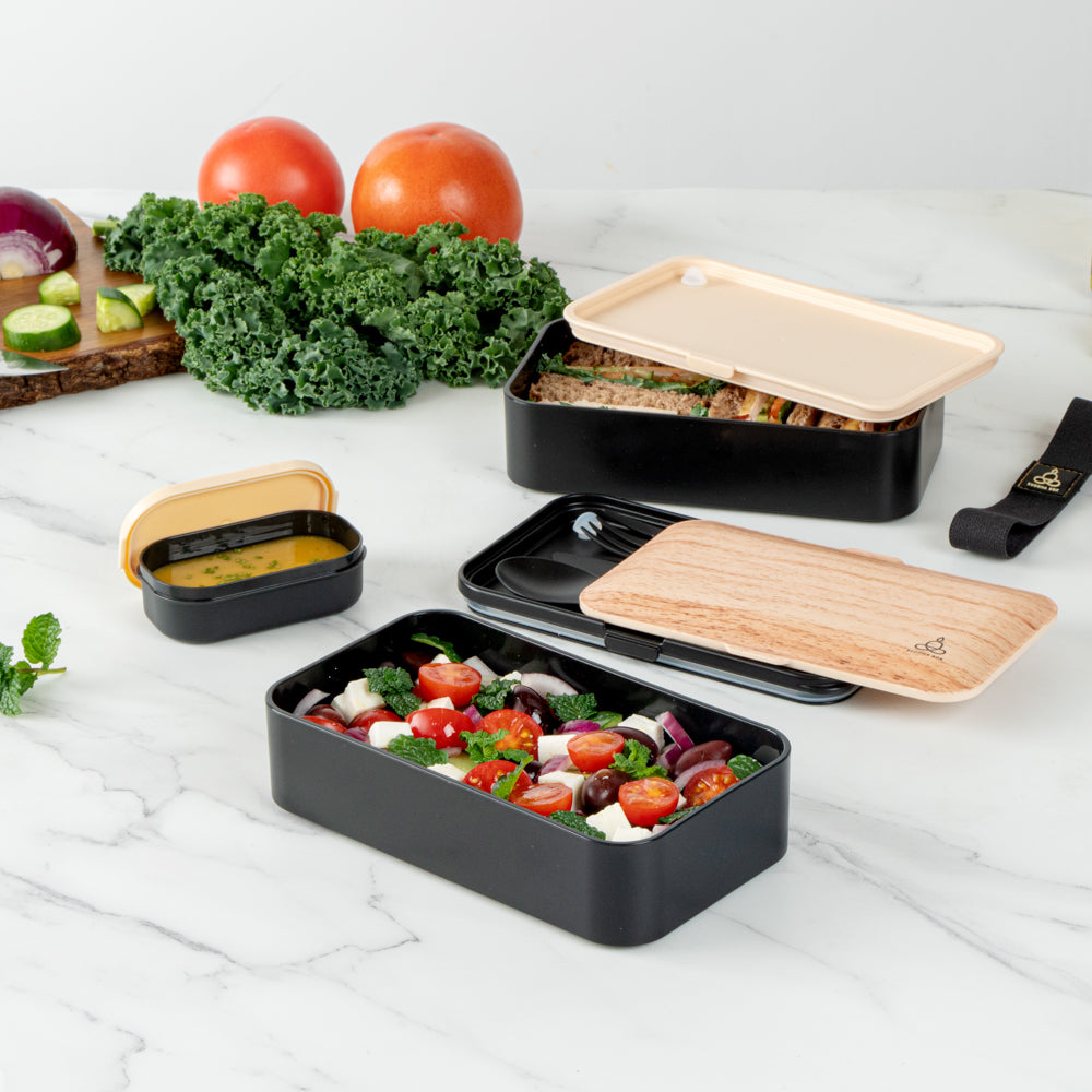 Bento Tek 41oz Wood Grain & Black Buddha Lunch Box with Utensils & Sauce Cup - 7.25