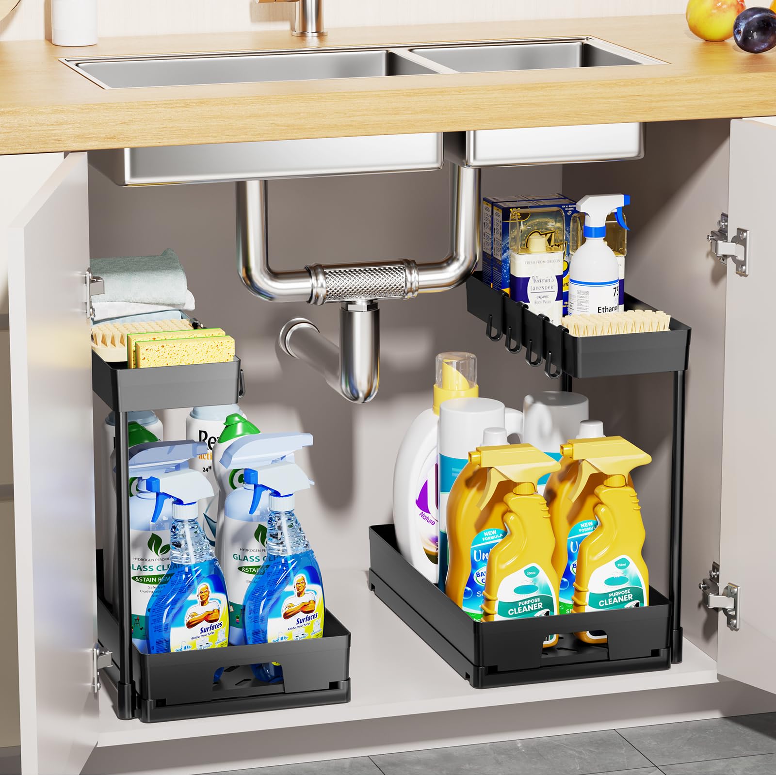 Delamu 2 Pack Under Sink Organizer Set - 2 Tier Pull Out Cabinet Organizer for Bathroom & Kitchen, L-Shaped Black Sink Storage with Drawer - Perfect for Organizing Cleaning Supplies, Toiletries & Kitchen Essentials Under Sink