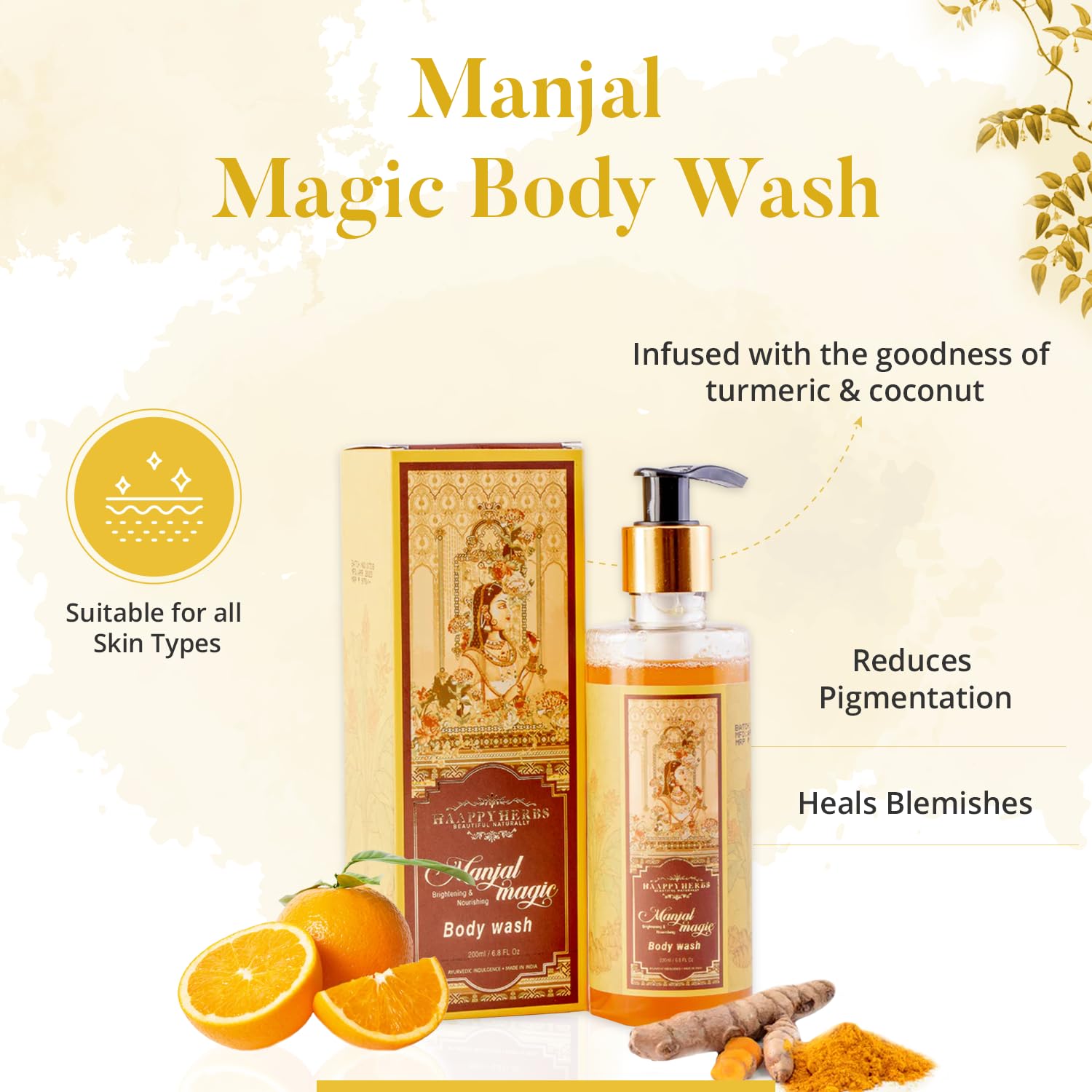 Haappy Herbs Manjal Magic Body Wash 200ml - Ayurvedic Herbal Wash for Radiant Skin | Daily Cleansing