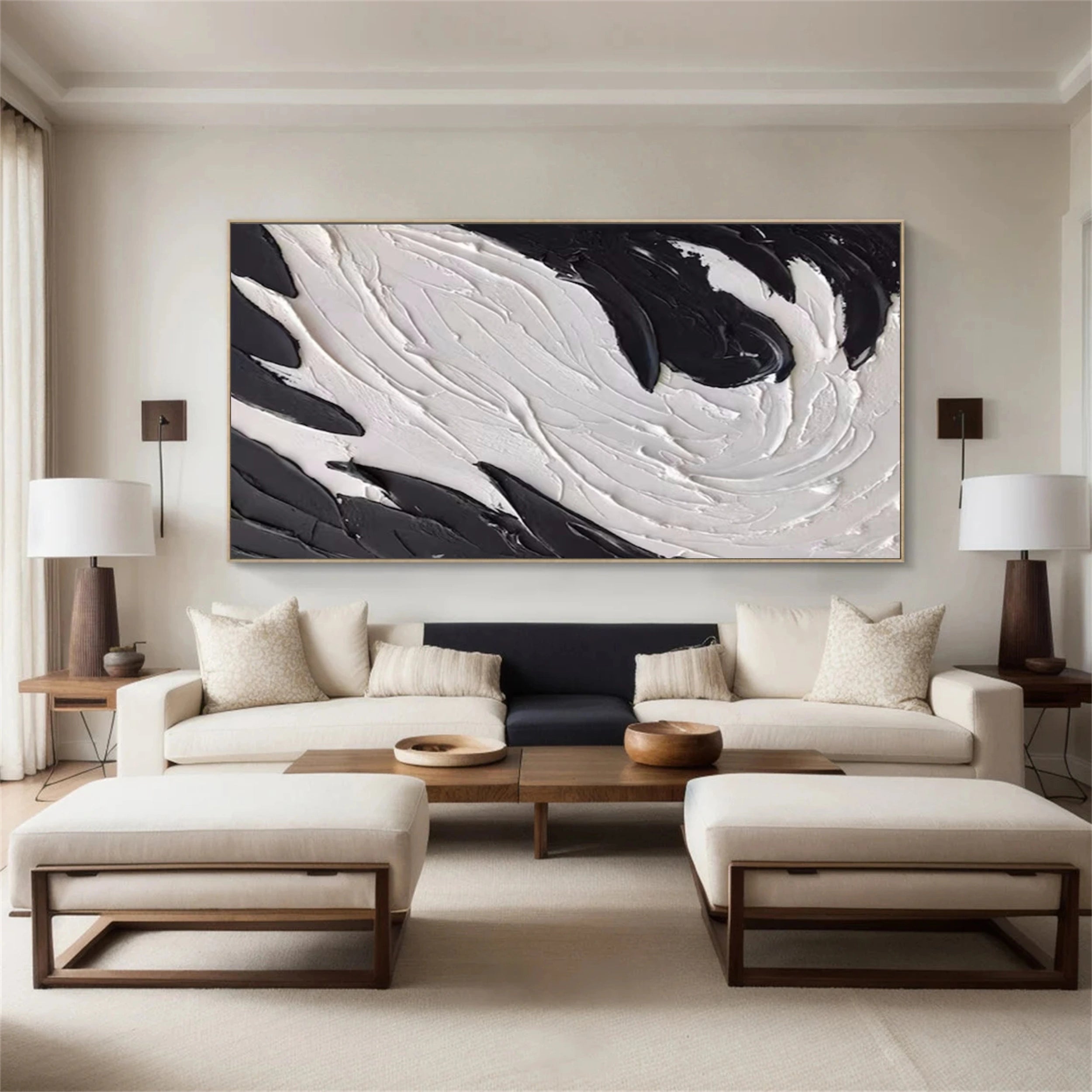 Modern White & Black Abstract Textured Canvas Wall Art - Large Contemporary Home Decor for Living Room, Bedroom, Office | Framed Ready to Hang Painting #MM133