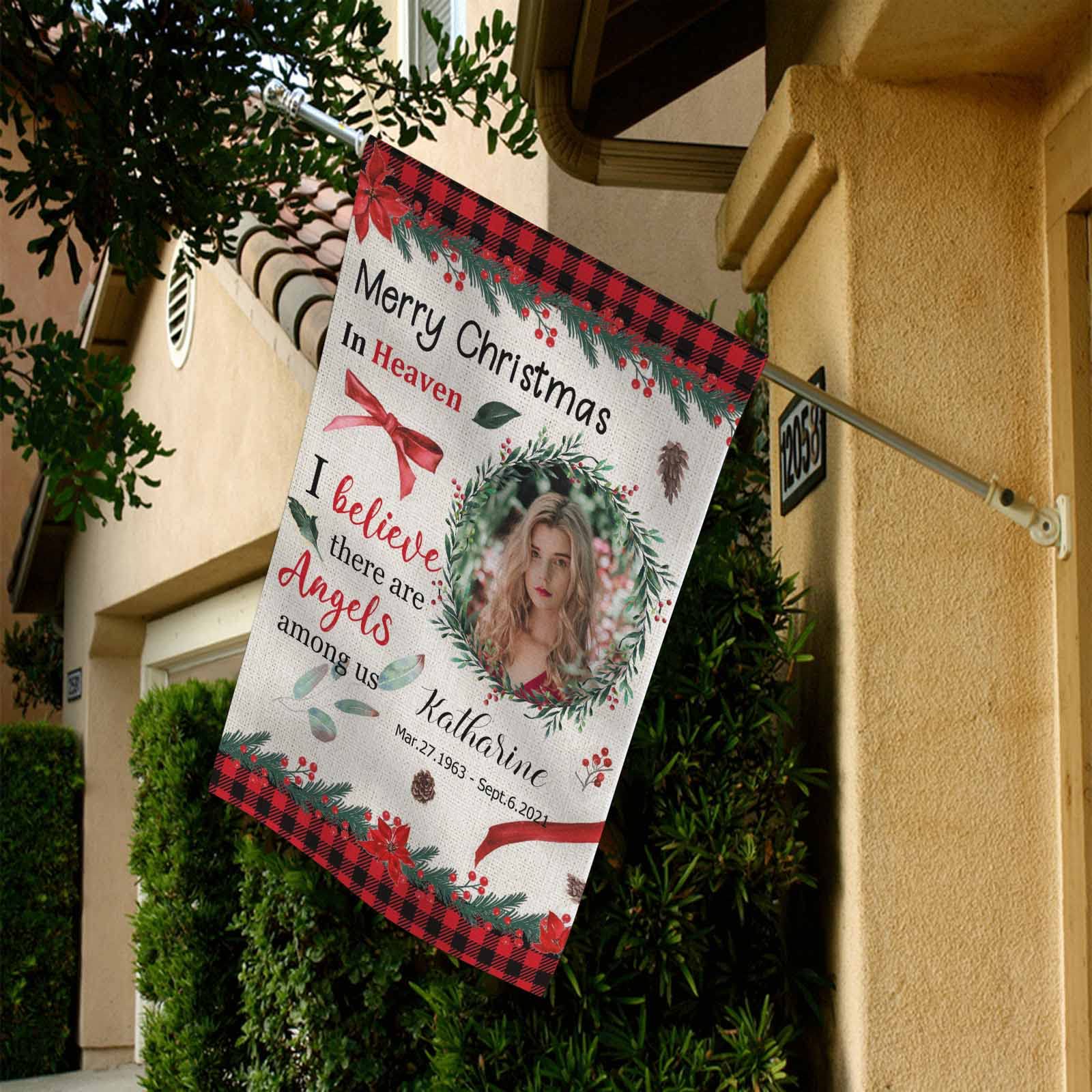 Custom Memorial Garden Flag - Personalized In Loving Memory Yard Banner with Photo & Text - Double Sided 12x18 Inch - Perfect for Graves, Flower Pots & Outdoor Decor - Christmas in Heaven Wreath Design for Holiday Remembrance