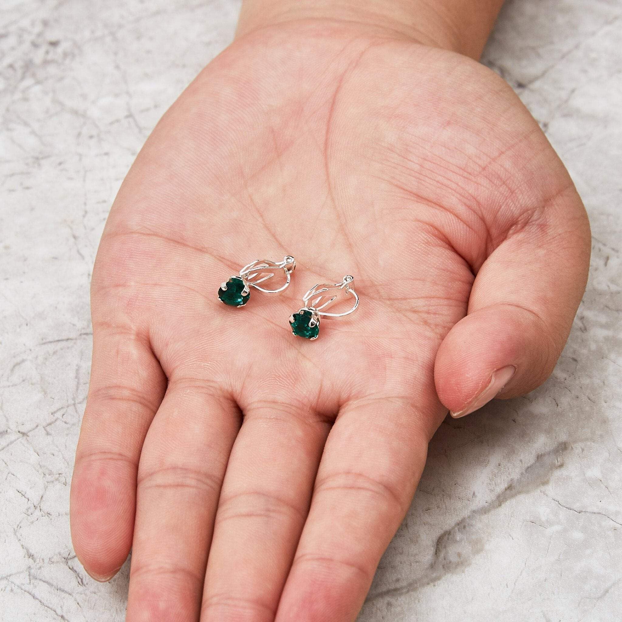 Emerald Birthstone Clip-On Earrings with Zirconia for May Birthdays & Gifts