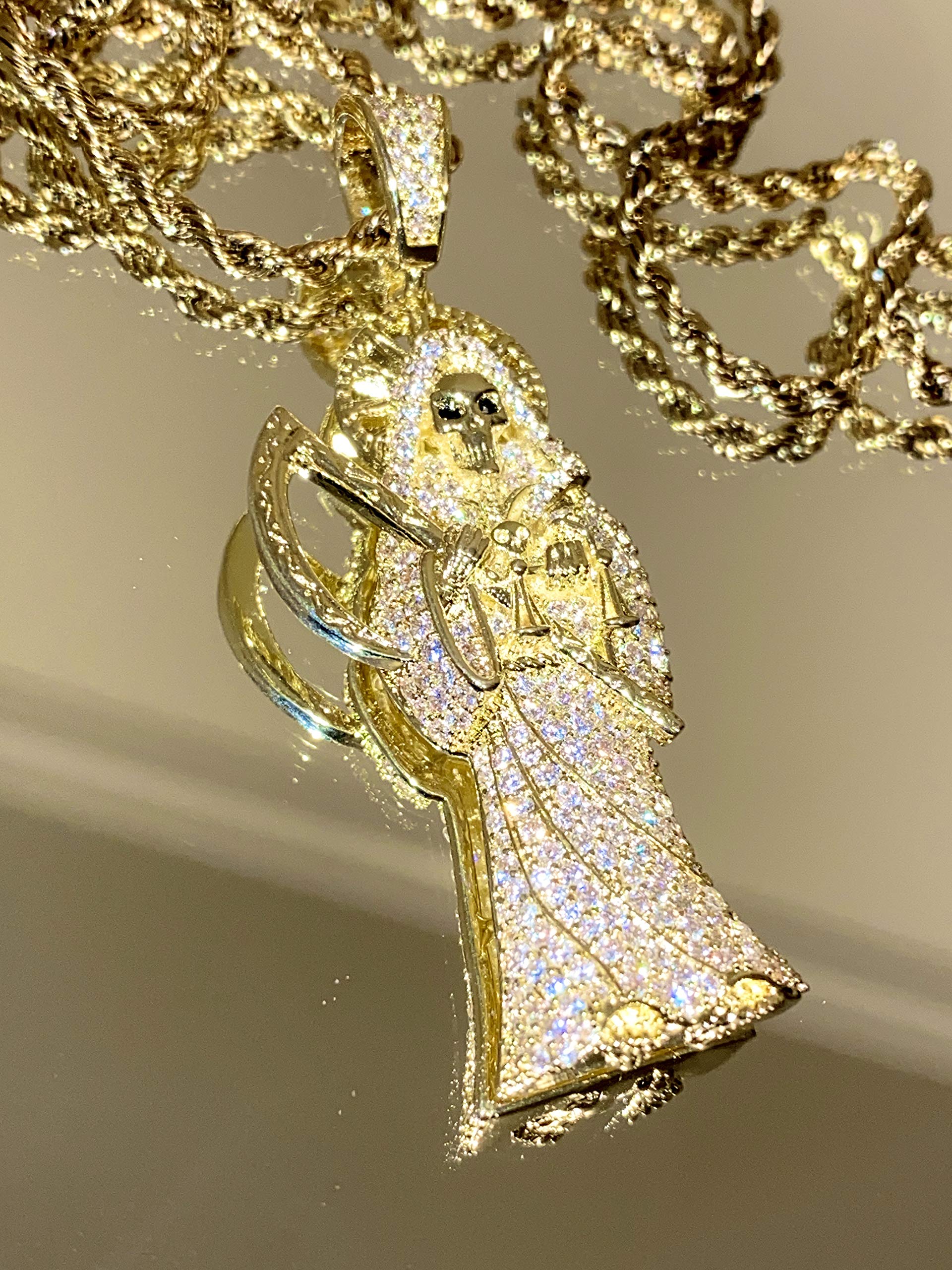 925 Sterling Silver Santa Muerte Pendant with Gold Finish & Iced Out Design - 2mm Stainless Steel Rope Chain Necklace for Men & Women - Perfect for Gifts, Everyday Wear, and Spiritual Protection Jewelry