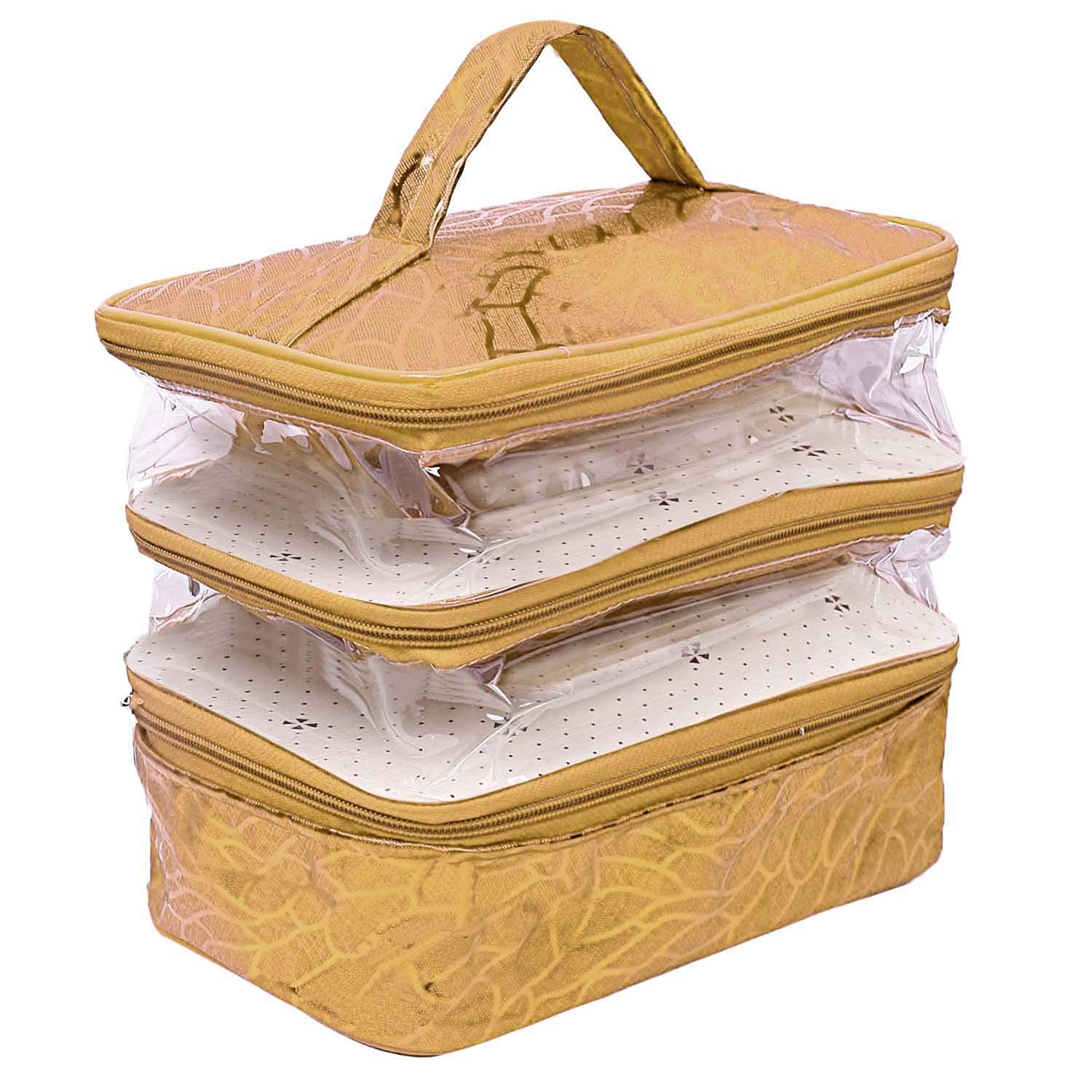 Kuber Industries 3 Layer Clear Makeup Bag - Large Cosmetic Organizer & Travel Toiletry Bag for Women & Girls (Gold) | Perfect for Travel, Gym, and Daily Beauty Storage