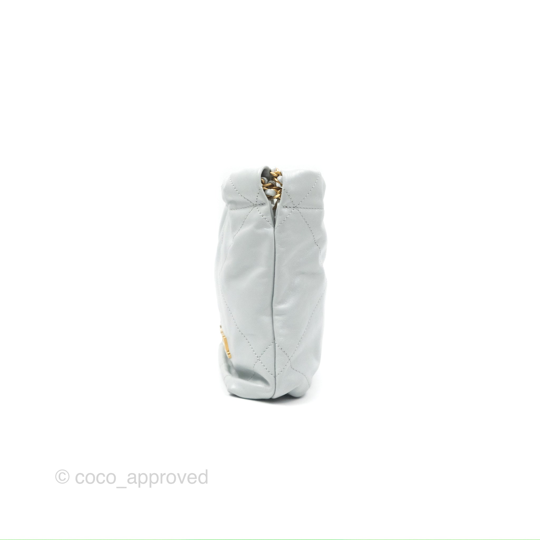 Chanel 22 Mini Bag in Light Blue Grey | Shiny Calfskin Leather Crossbody Purse | Perfect for Date Night & Evening Events