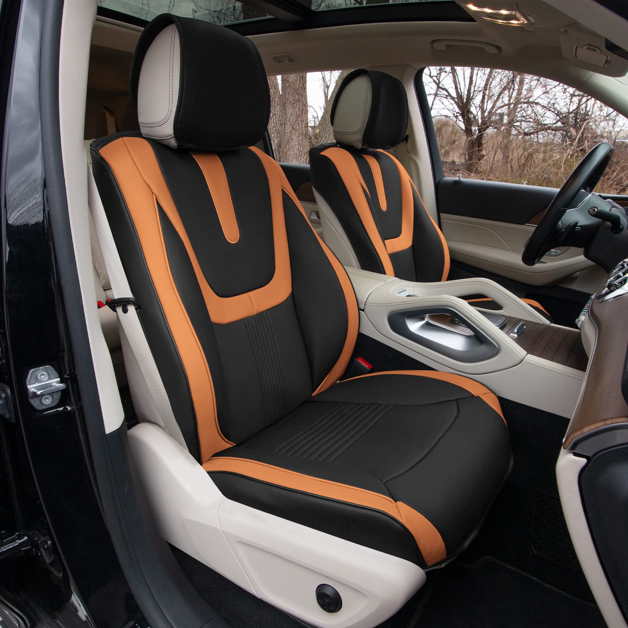 Premium TLH Hybrid70 Deluxe Faux Leather Brown Car Seat Covers Set - Modern Pattern, Universal Fit for Cars, Trucks & SUVs (2-Pack) | Waterproof Seat Protector Cushion | Perfect for Daily Commute, Road Trips & Family Travel