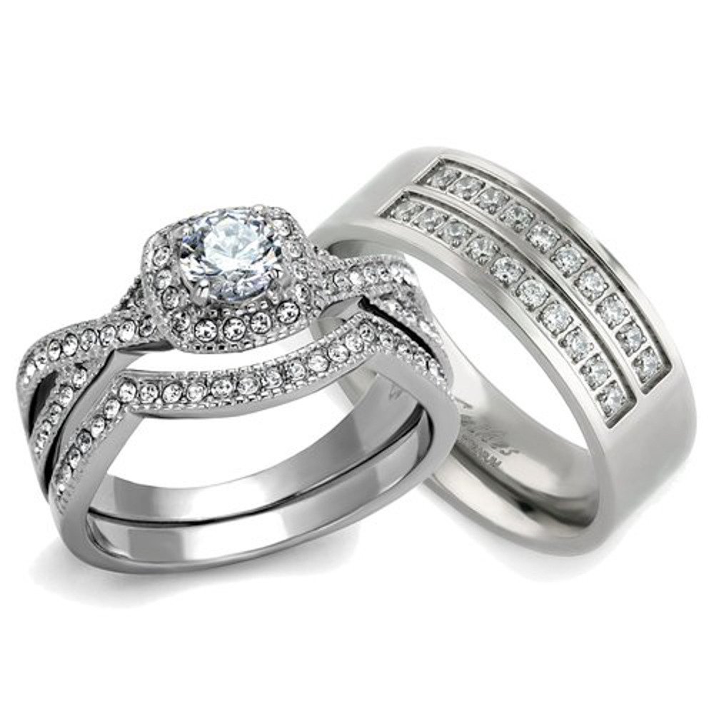 His & Her Wedding Rings Set - Silver Stainless Steel & Titanium Bands for Couples