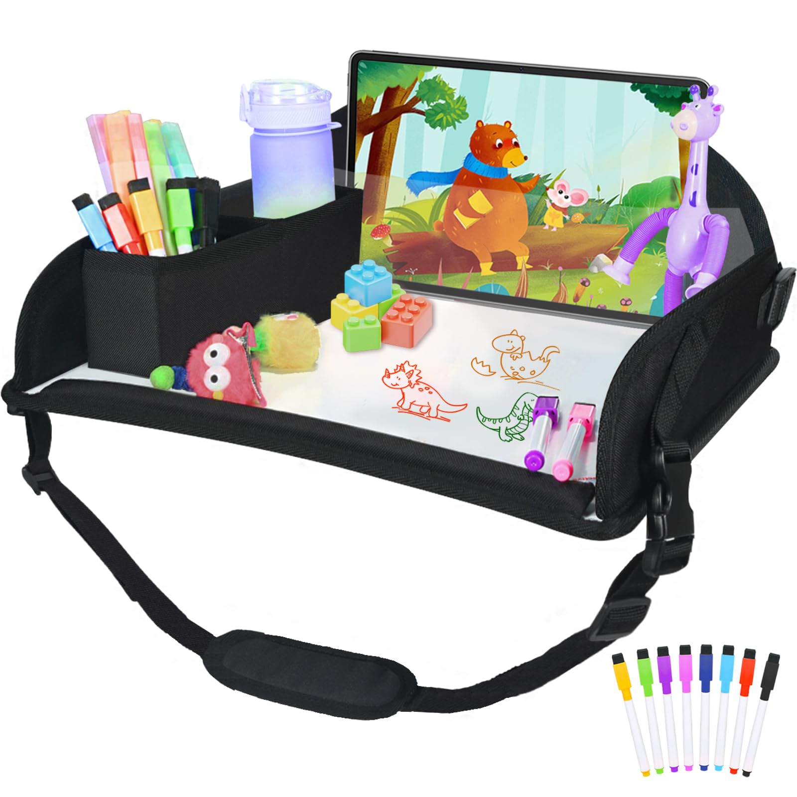 Upgraded Kids Travel Tray for Airplane & Car - Toddler Car Seat Table Tray with Storage | Portable Lap Desk for Road Trips, Snacks & Activities | Perfect for Boys & Girls Ages 2-5 | Black | Ideal for Airplane Travel, Long Car Rides & Homeschooling