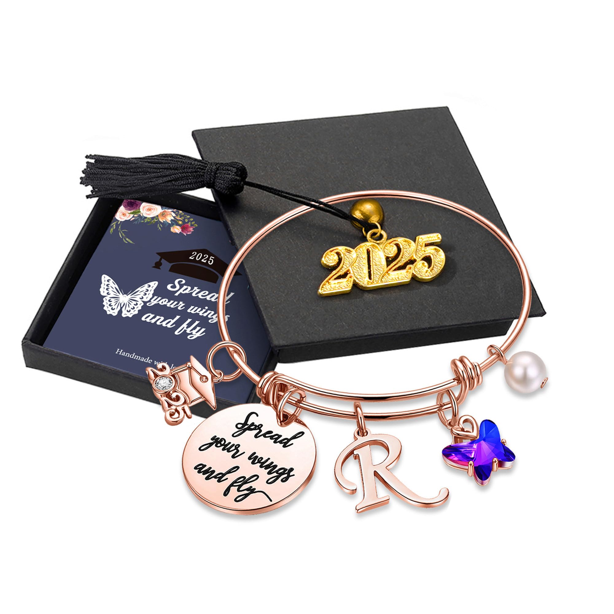 Turandoss 2025 Graduation Gifts for Women - Personalized Initial Butterfly Bracelet with Inspirational 'Spread Your Wings & Fly' Quote & Grad Cap Charm | Motivational Jewelry Gift for Graduates, Daughters, Sisters | Perfect for Commencement Ceremonies & Achievement Celebrations