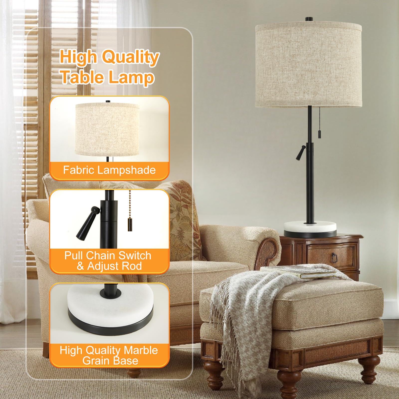 GyroVu Adjustable Height Table Lamps Set of 2 - Modern Marble Nightstand Lamps with Pull Chain for Bedroom, Living Room & Office - Black (Bulbs Not Included) | Perfect for Reading, Decor & Ambient Lighting