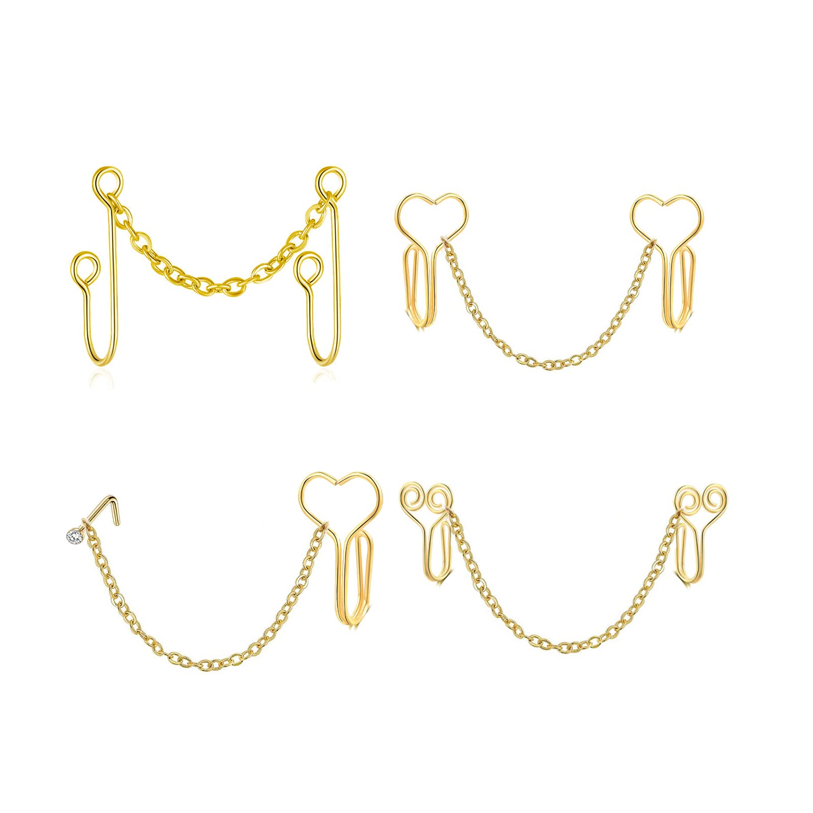 4pcs African Style Fake Nose Rings Set - No Piercing Septum Ring with Heart Nose Chain & CZ Crystal Studs - Clip On Body Jewelry for Women - Perfect for Parties, Cosplay and Fashion Accessories