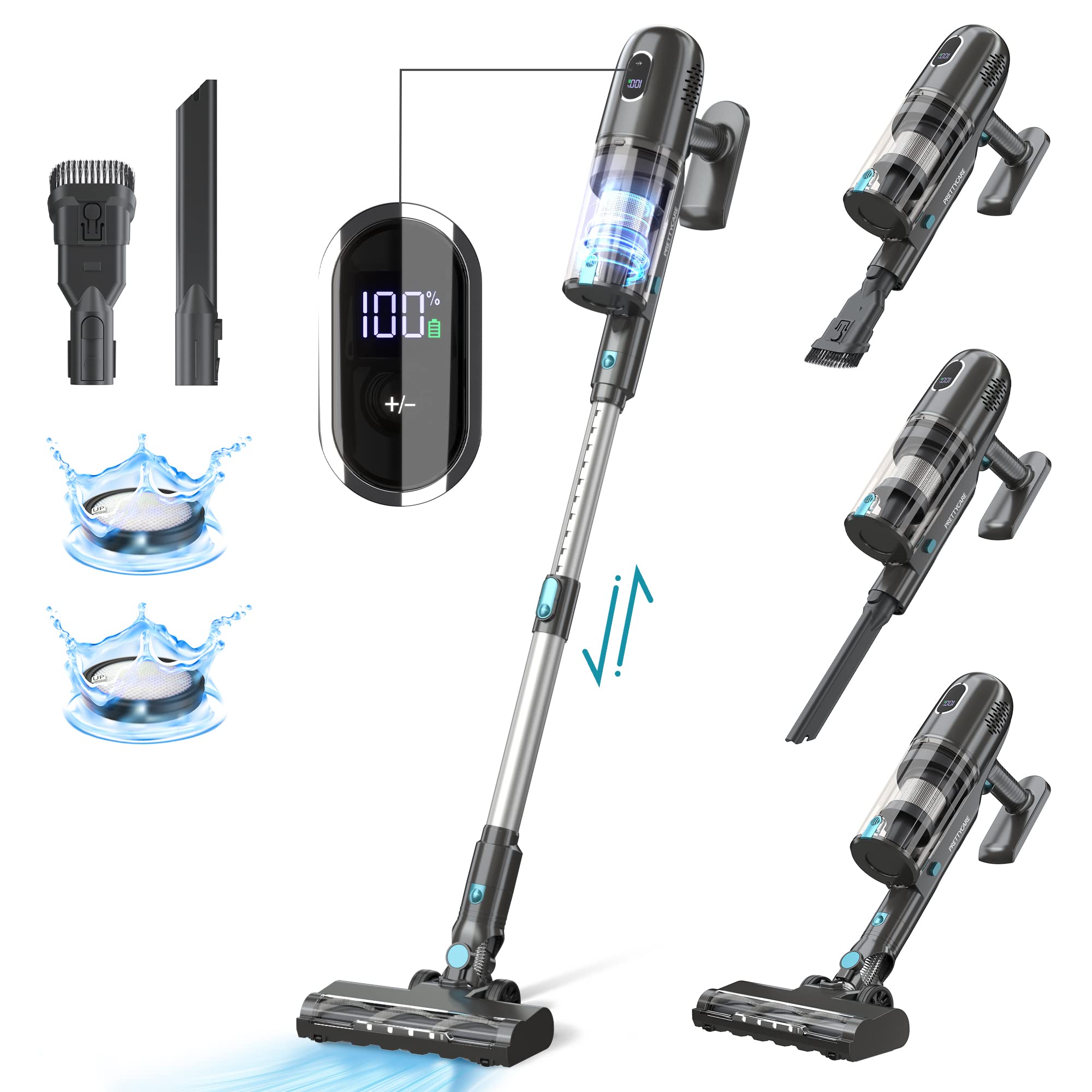 PRETTYCARE P1 Pro Cordless Stick Vacuum Cleaner - 30Kpa Powerful Suction, Brushless Motor, LED Touch Display, 45 Min Runtime, Lightweight & Self-Standing - Ideal for Hard Floors, Carpets & Pet Hair Cleaning in Homes & Apartments
