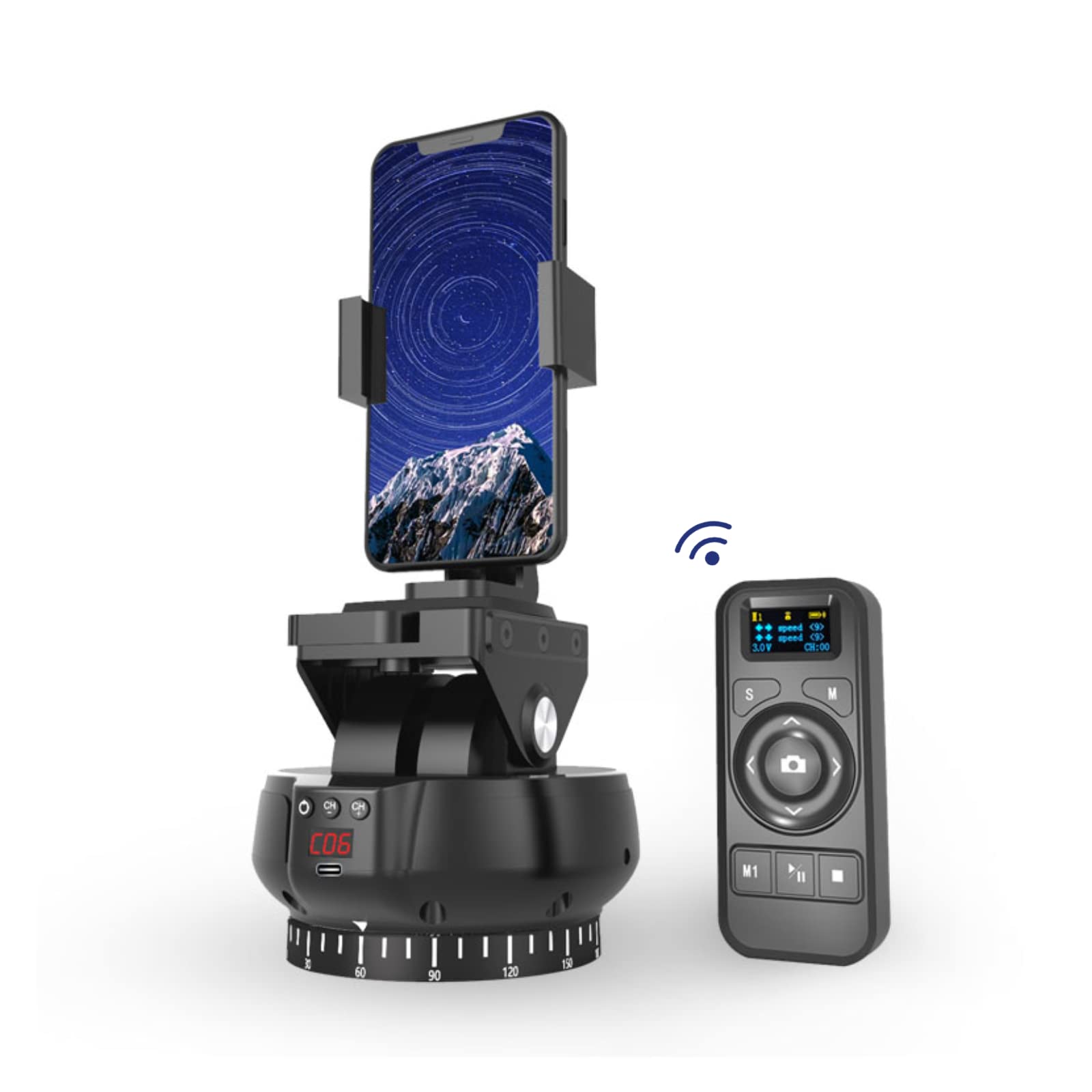 Yctze Motorized Panoramic Tripod Head - 360° Rotating 2.4G Wireless Remote Pan Tilt Head with Remote Control & Phone Clip for DSLR, Mirrorless Cameras & Smartphones - Perfect for Time-Lapse Photography, Vlogging & Live Streaming